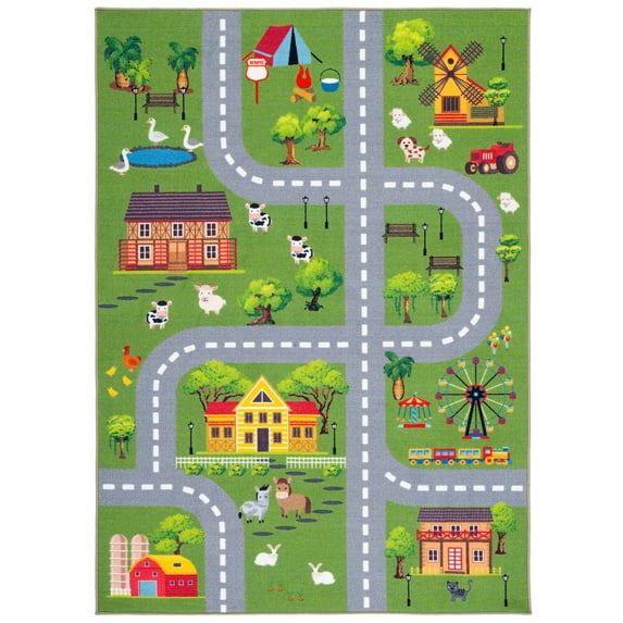 SAFAVIEH Kids Playhouse Ranch Crossroads Machine Washable Area Rug, Dark Green/Light Grey, 4'4" x 6'