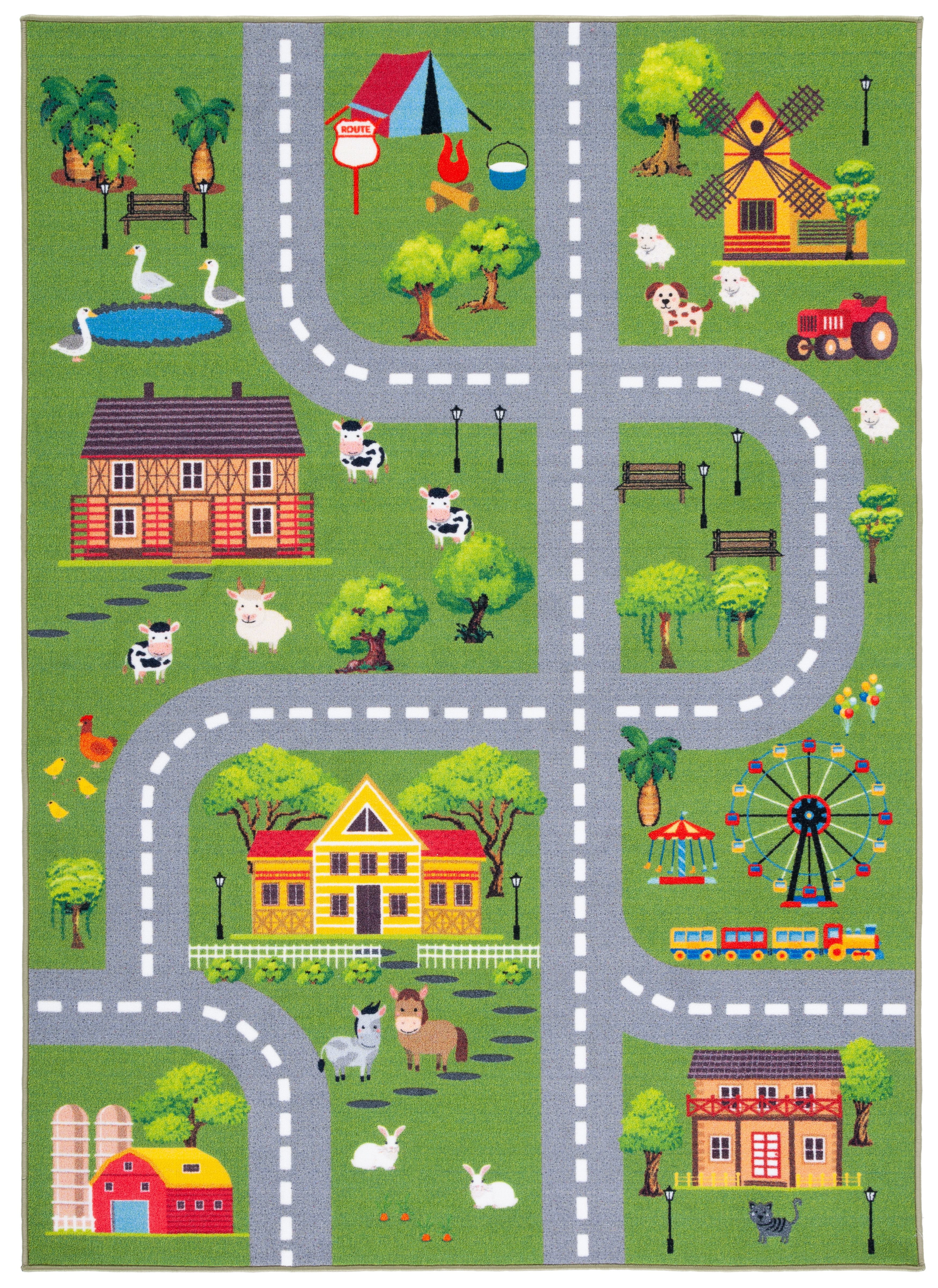 SAFAVIEH Kids Playhouse Ranch Crossroads Machine Washable Area Rug, Dark Green/Light Grey, 5'5" x 7'7"