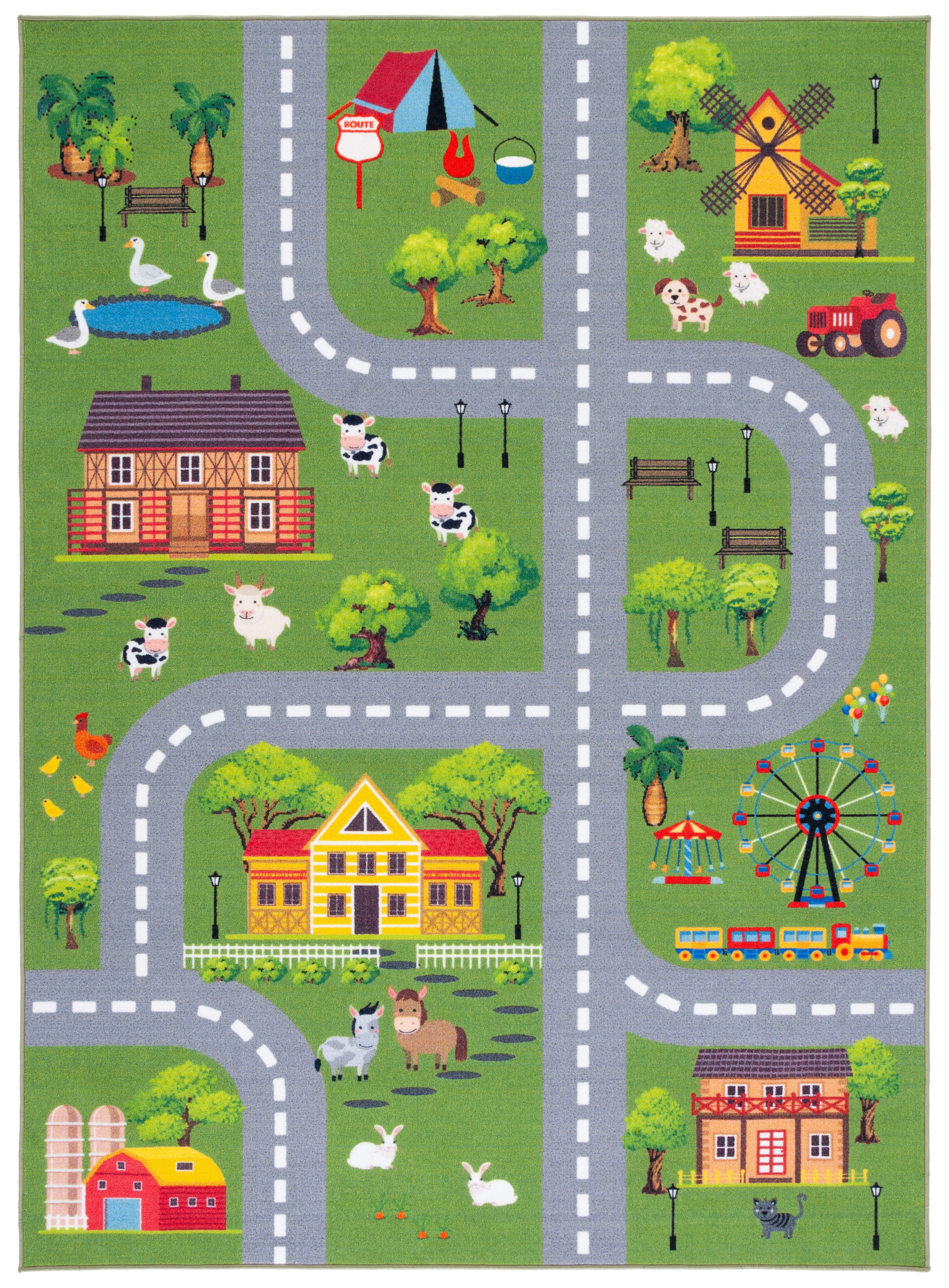SAFAVIEH Kids Playhouse Ranch Crossroads Machine Washable Area Rug, Dark Green/Light Grey, 6'7" x 9'