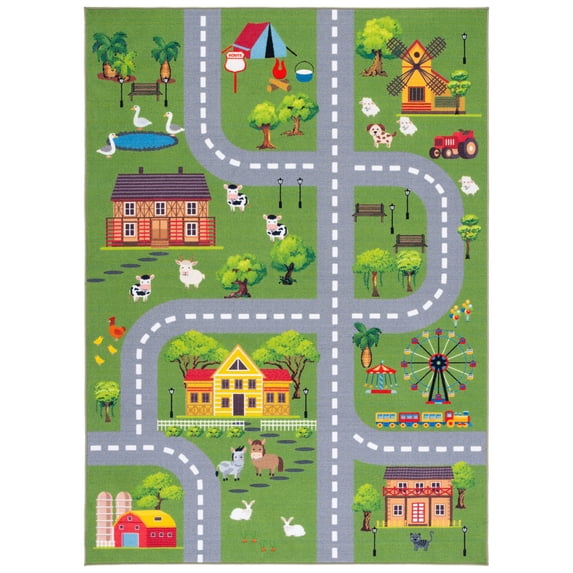 SAFAVIEH Kids Playhouse Ranch Crossroads Machine Washable Area Rug, Dark Green/Light Grey, 6'7" x 9'