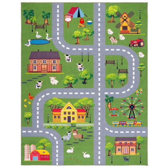 SAFAVIEH Kids Playhouse Ranch Crossroads Machine Washable Area Rug, Dark Green/Light Grey, 7'9" x 10'