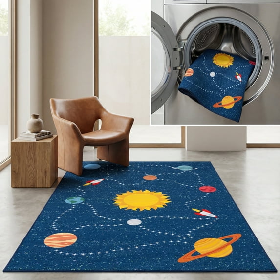 SAFAVIEH Kids Playhouse Solar System Machine Washable Area Rug, Navy/Gold, 3'3" x 3'3" Square