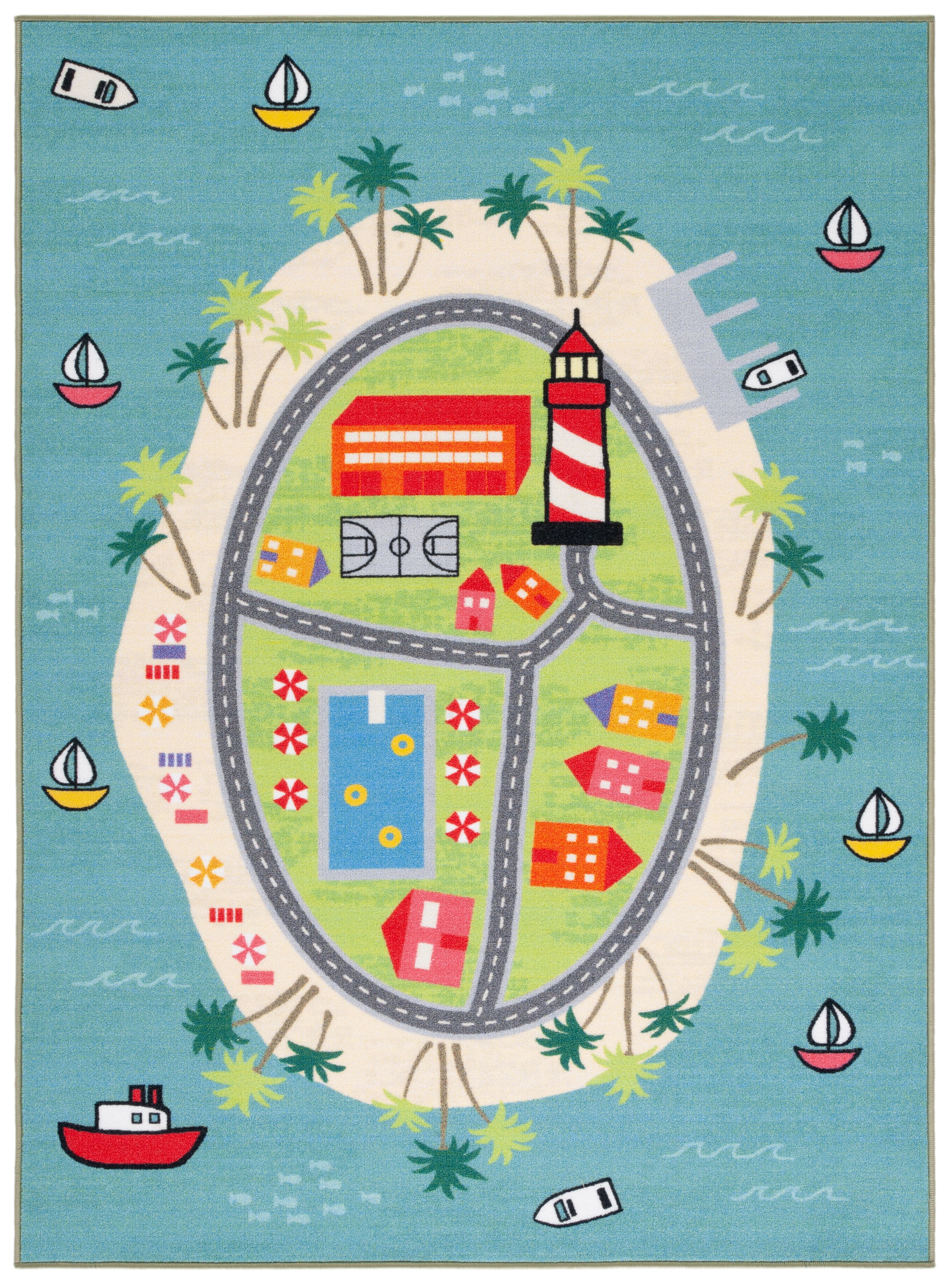 Blue Geometric Kids' Washable Non-Slip Rectangular Rug