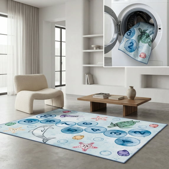 SAFAVIEH Kids Playhouse Underwater Hopscotch Machine Washable Area Rug, Blue/Grey, 7'9" x 10'