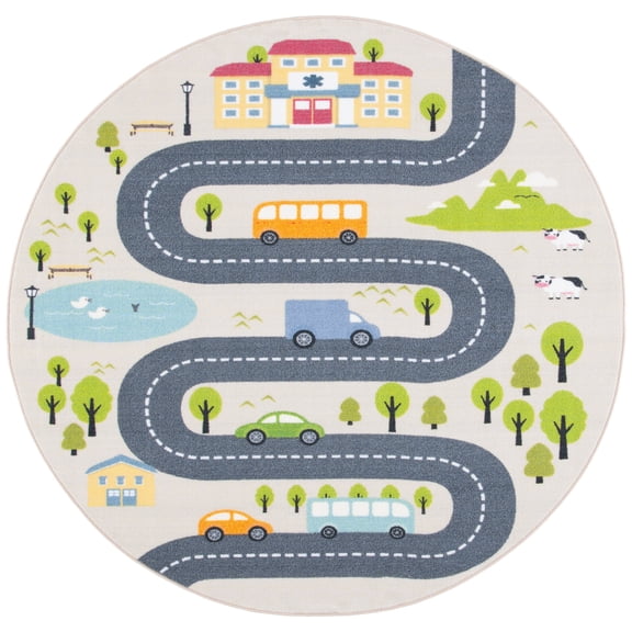 SAFAVIEH Kids Playhouse Windy Roads Machine Washable Area Rug, Beige/Green, 3'3" x 3'3" Round