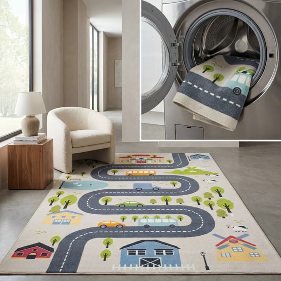 SAFAVIEH Kids Playhouse Windy Roads Machine Washable Area Rug, Beige/Green, 6'7" x 9'