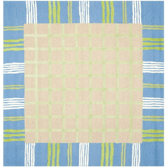 SAFAVIEH Kids Riley Geometric Bordered Cotton Area Rug, Taupe/Blue, 7' x 7' Square