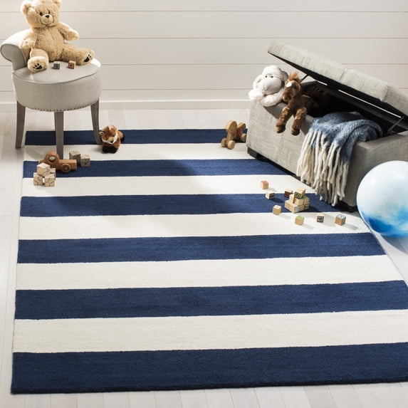SAFAVIEH Kids Rugby Striped Wool Area Rug, Navy/Ivory, 4' x 6'