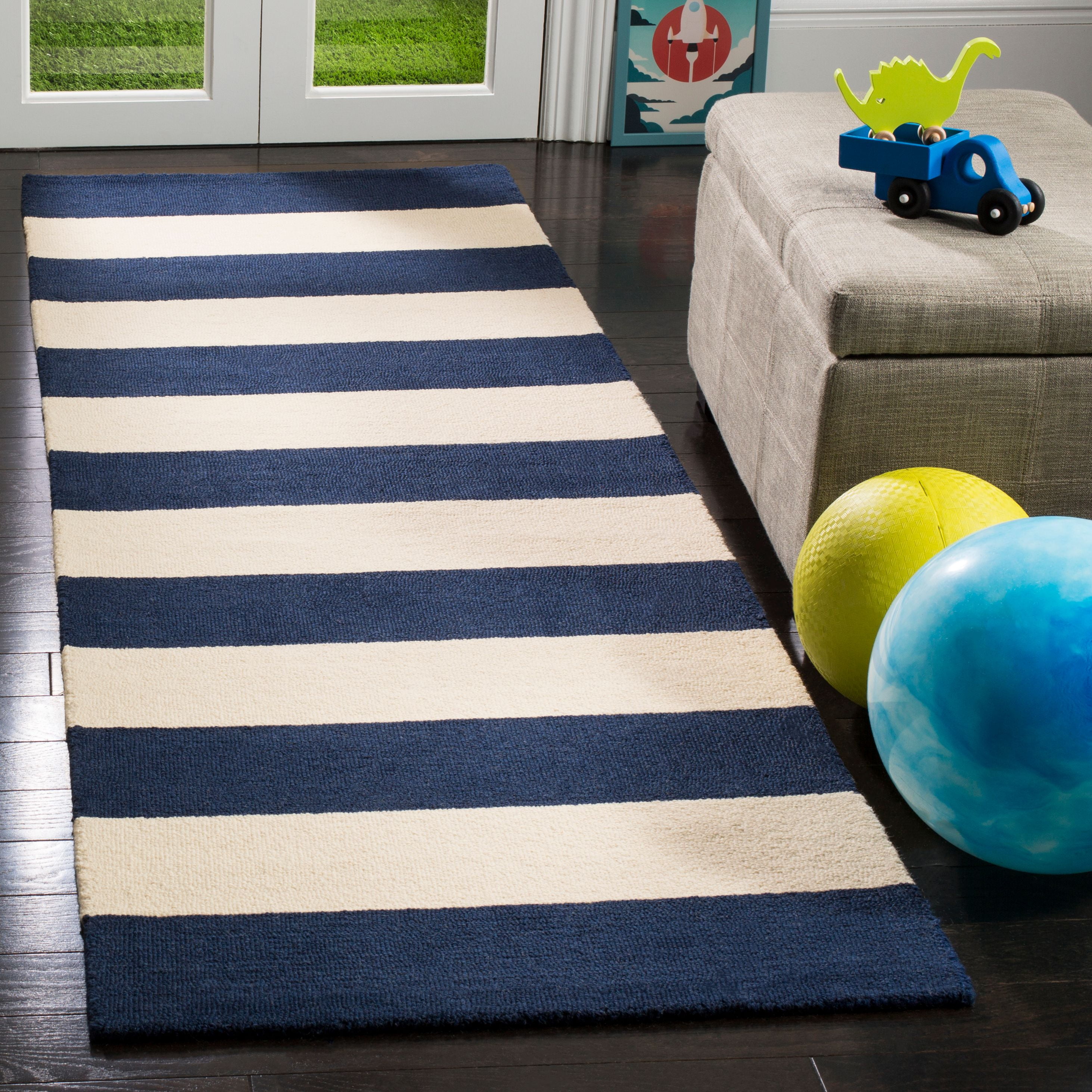 Navy and Ivory Striped Wool Kids Runner Rug