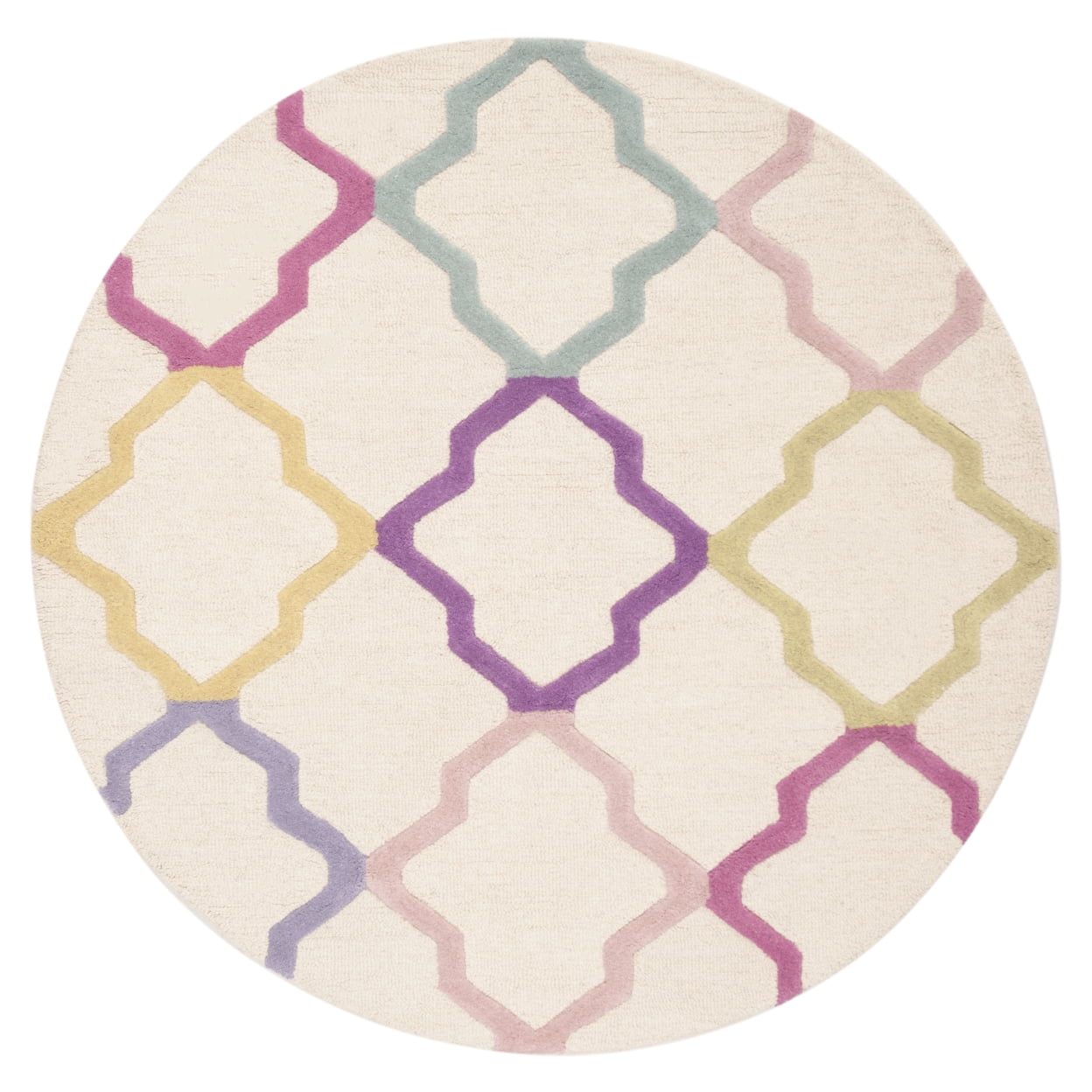 Ivory and Multicolor Round Hand-Tufted Wool Kids Rug