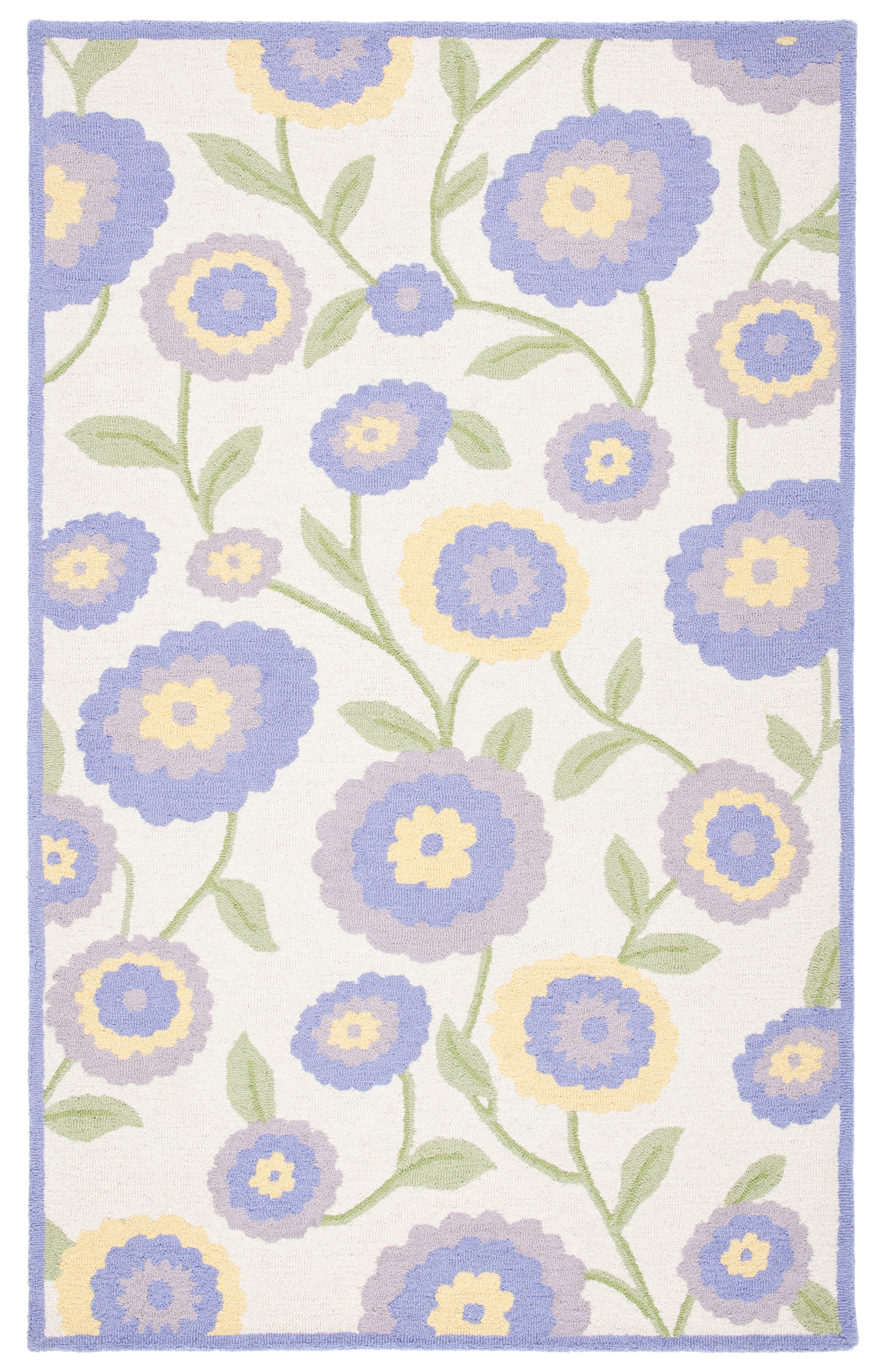 Ivory and Lavender Floral Hand-Tufted Wool Kids Rug 5' x 8'