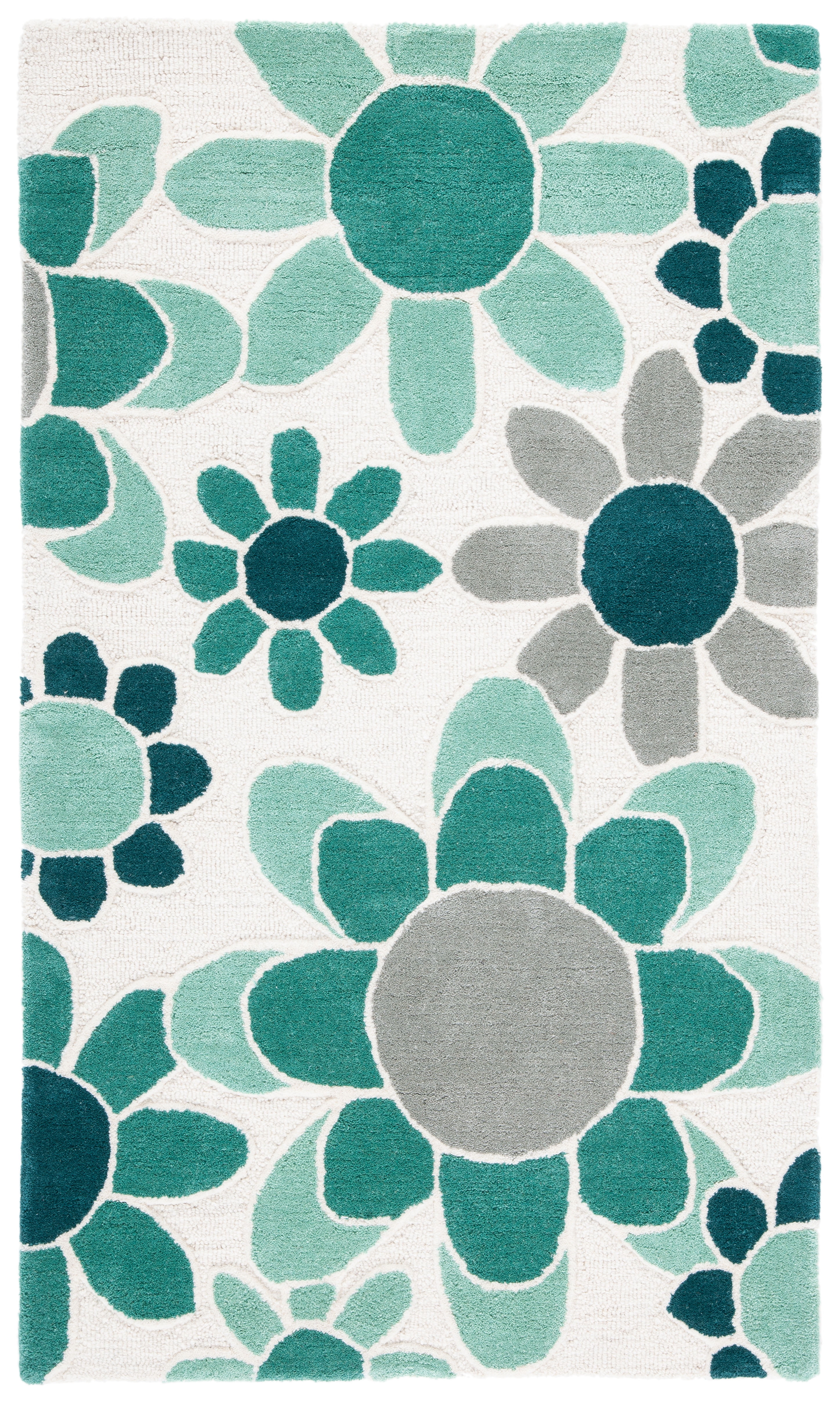Ivory and Green Floral Hand-Tufted Wool Kids Rug, 3' x 5'