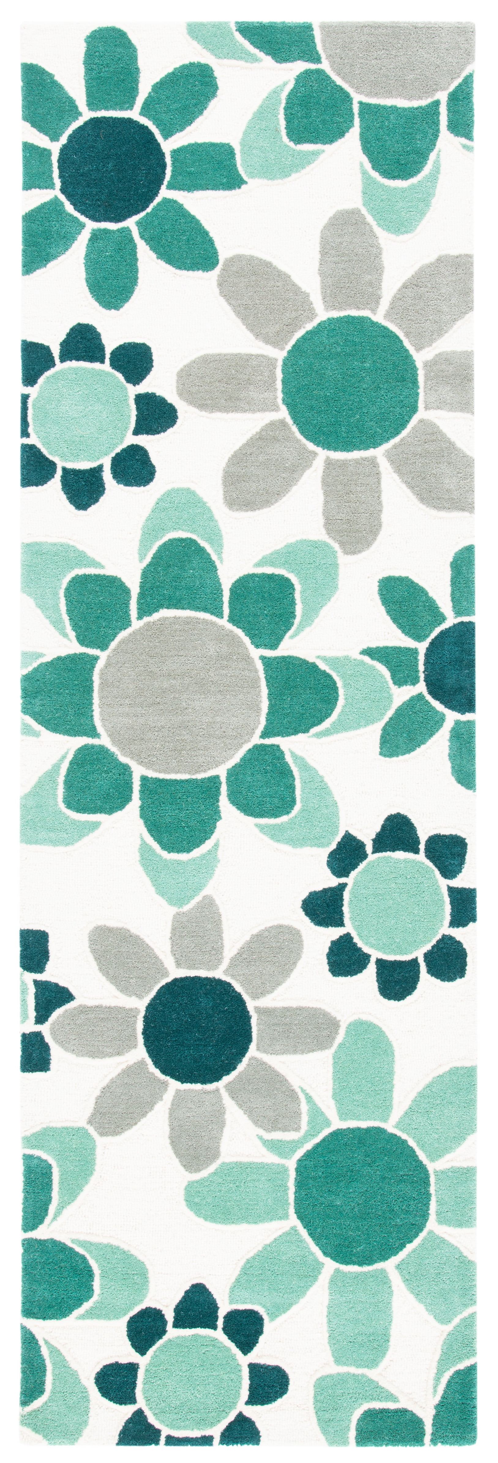 Ivory and Green Floral Hand-Tufted Wool Kids Runner Rug