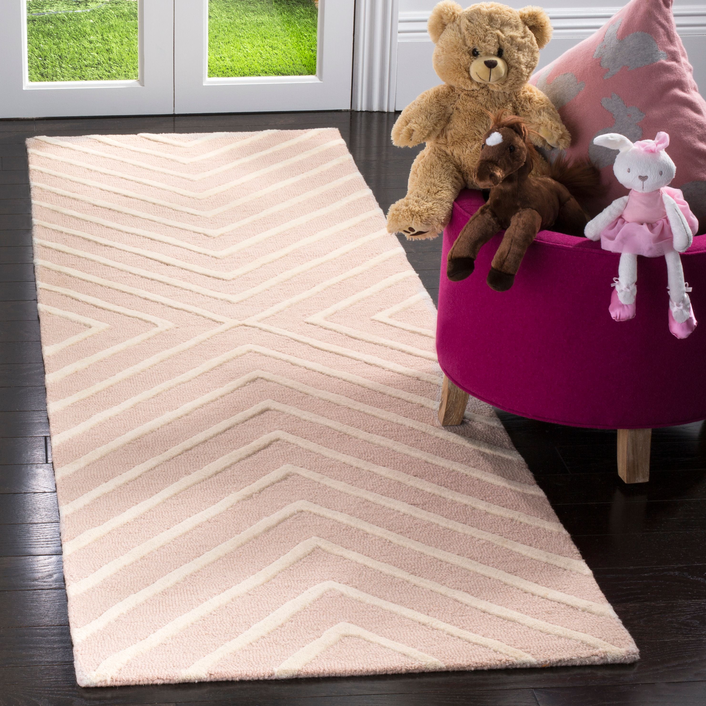 Handmade Pink and Ivory Wool Kids Tufted Rug
