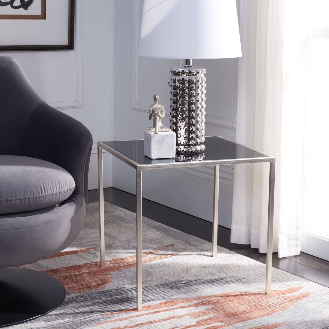 Kiley 18'' Square Black Glass & Silver Metal Accent Table