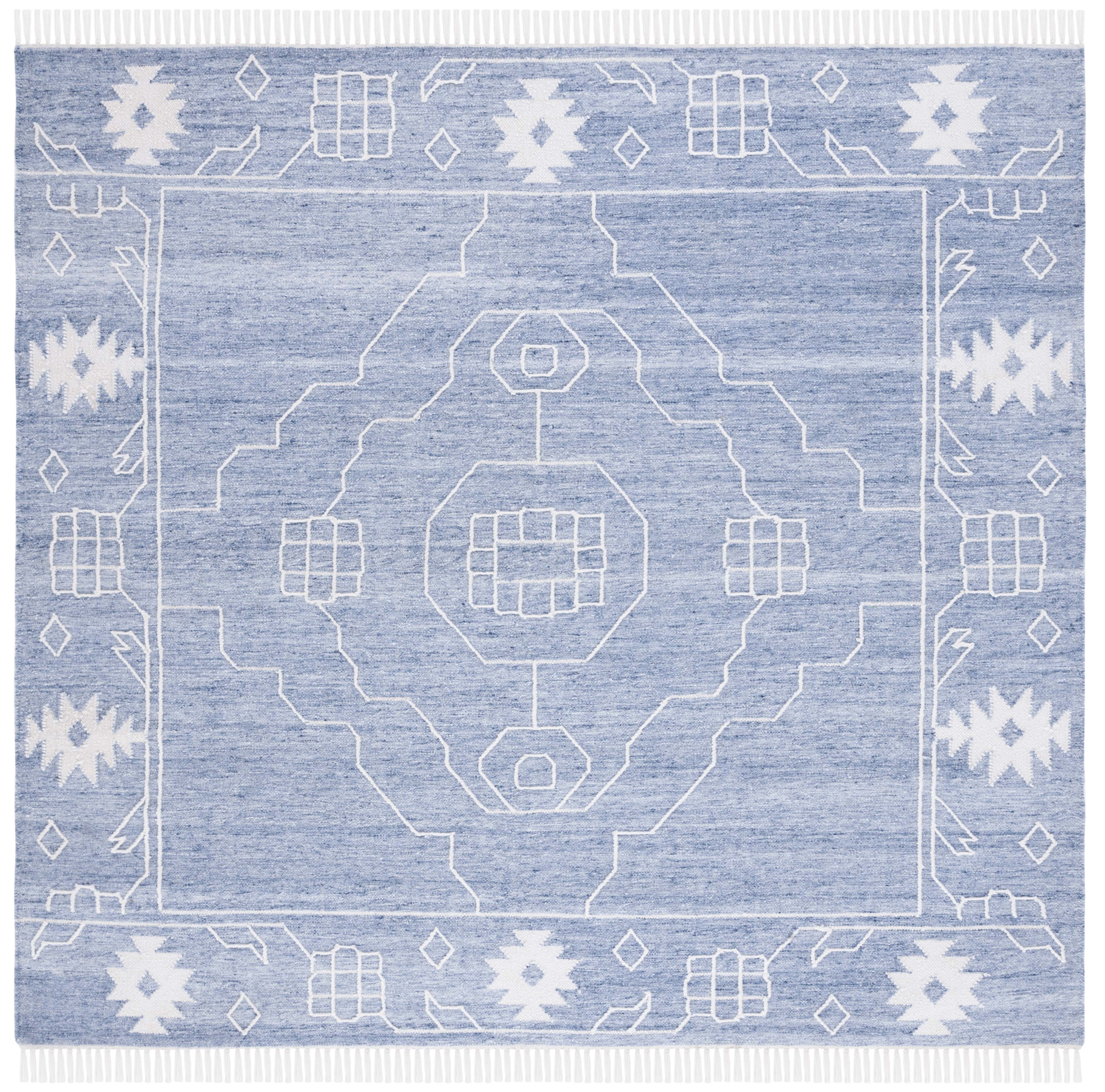 Blue and Ivory Hand-Woven Square Kilim Area Rug