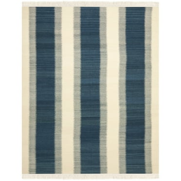 SAFAVIEH Kilim Colten Solid Striped Wool Area Rug, Blue/Ivory, 9' x 12'