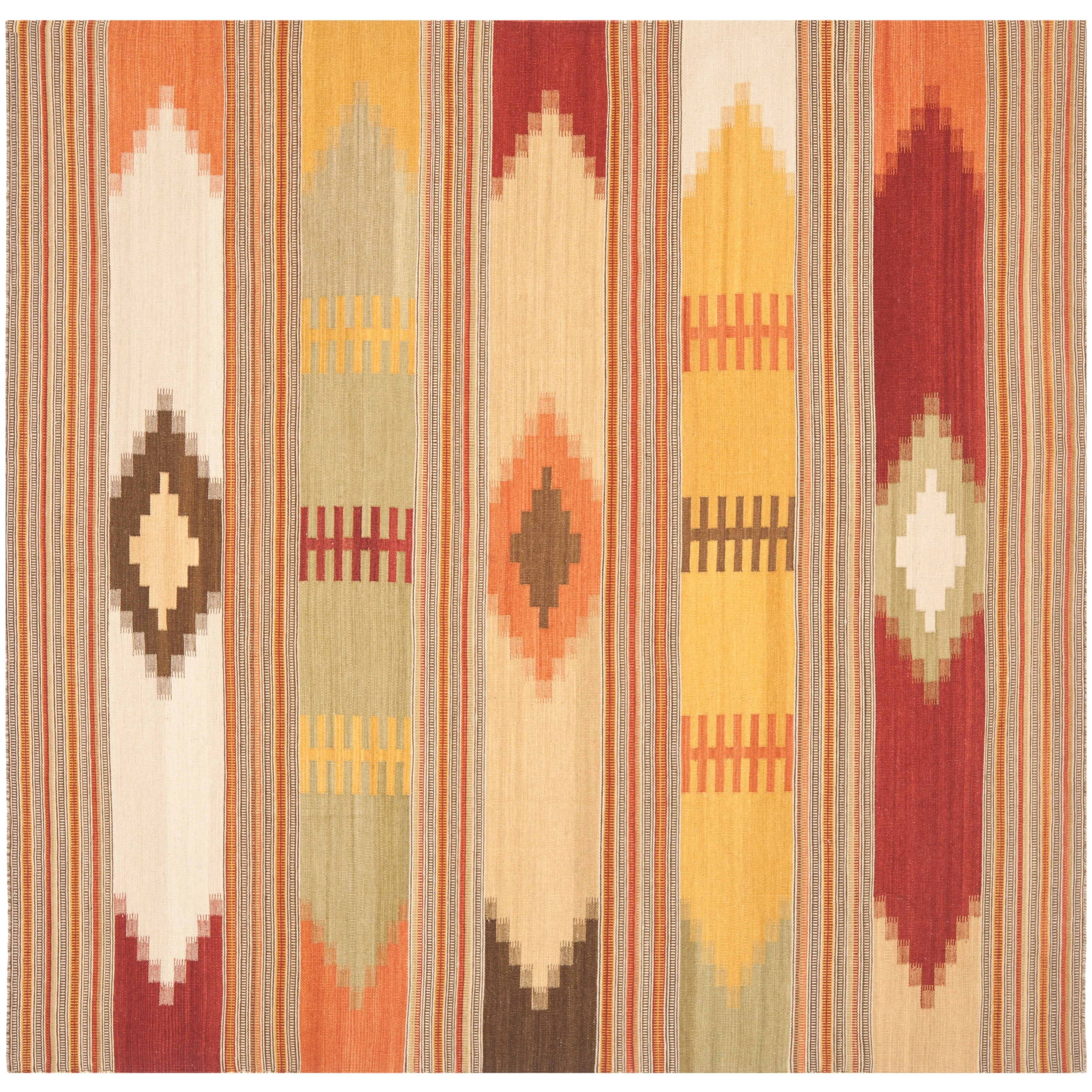 Handmade Red and Multicolor Wool Kilim Area Rug, 5' Square