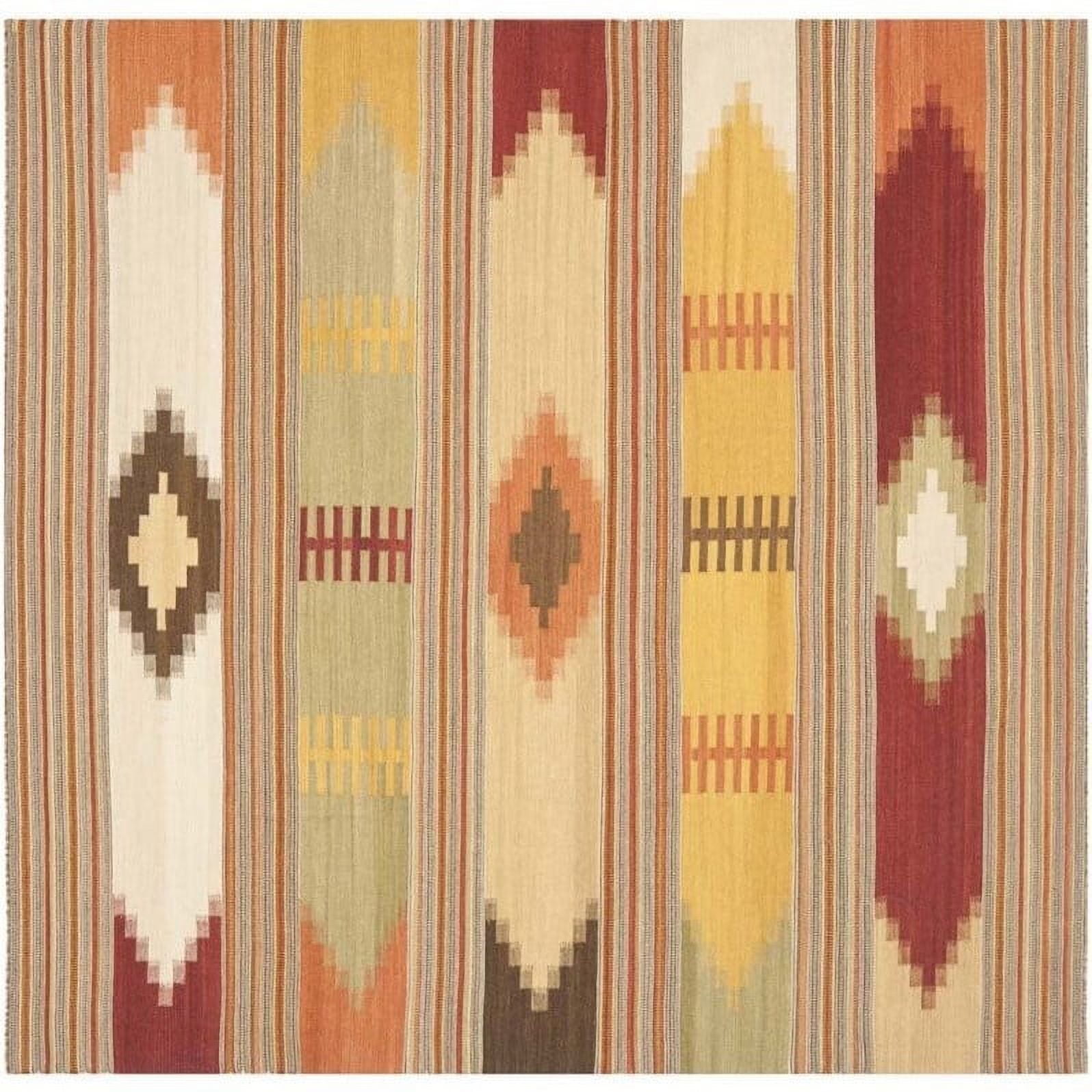 Handmade Red and Multicolor Wool Kilim Area Rug, 5' Square