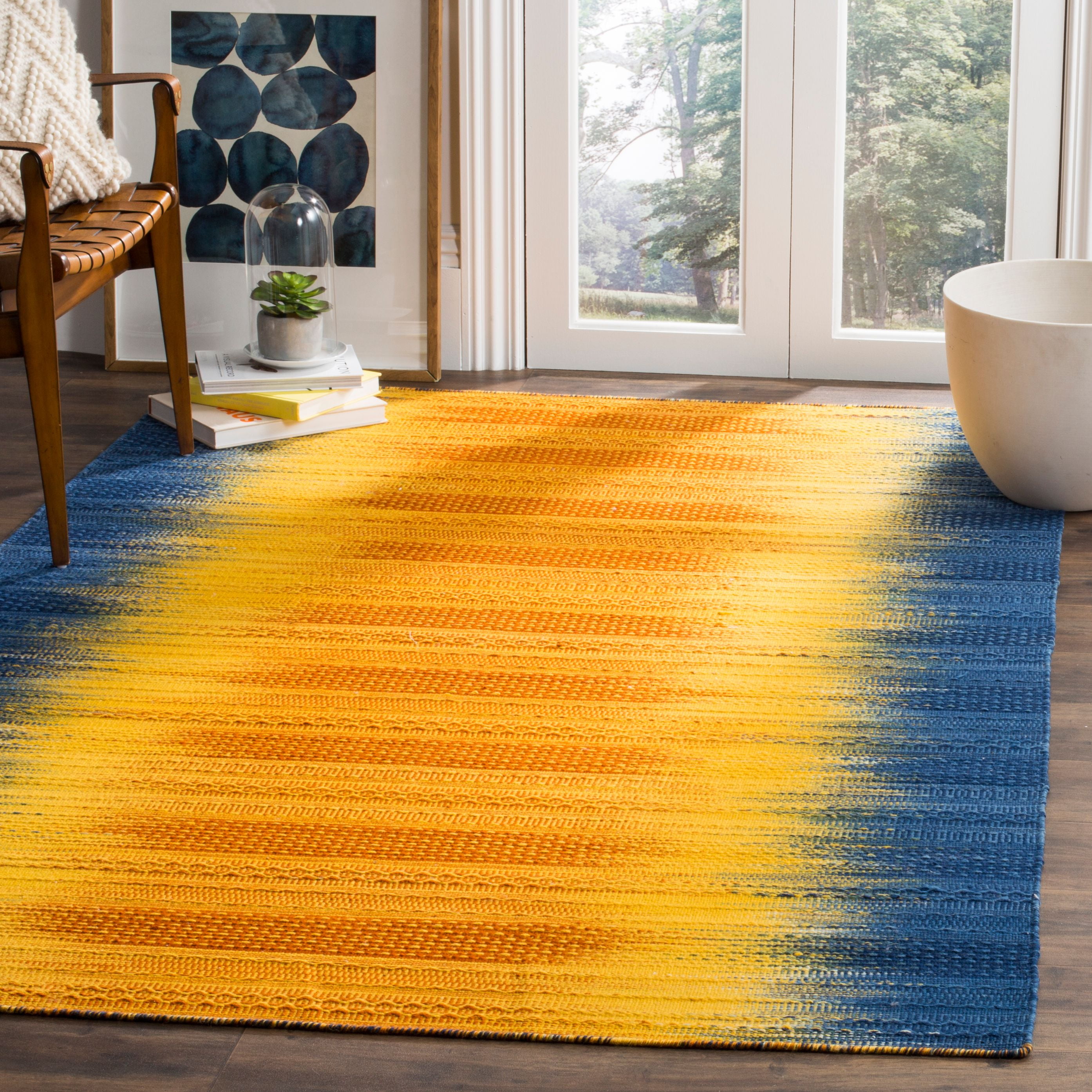 Handmade Dark Blue and Yellow Wool 8' x 10' Area Rug