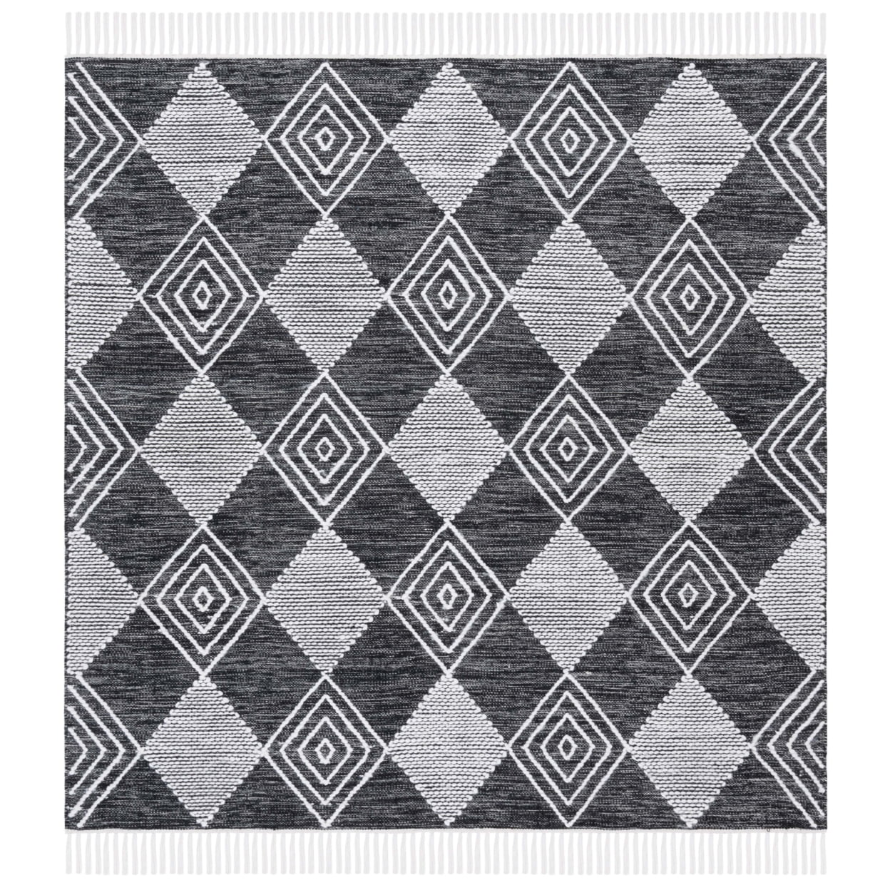 Bohemian Nomadic Black & Ivory 72" Square Synthetic Kilim Rug
