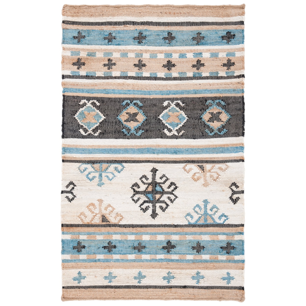 Handmade Blue and Ivory Wool Tribal Area Rug, 6' x 9'