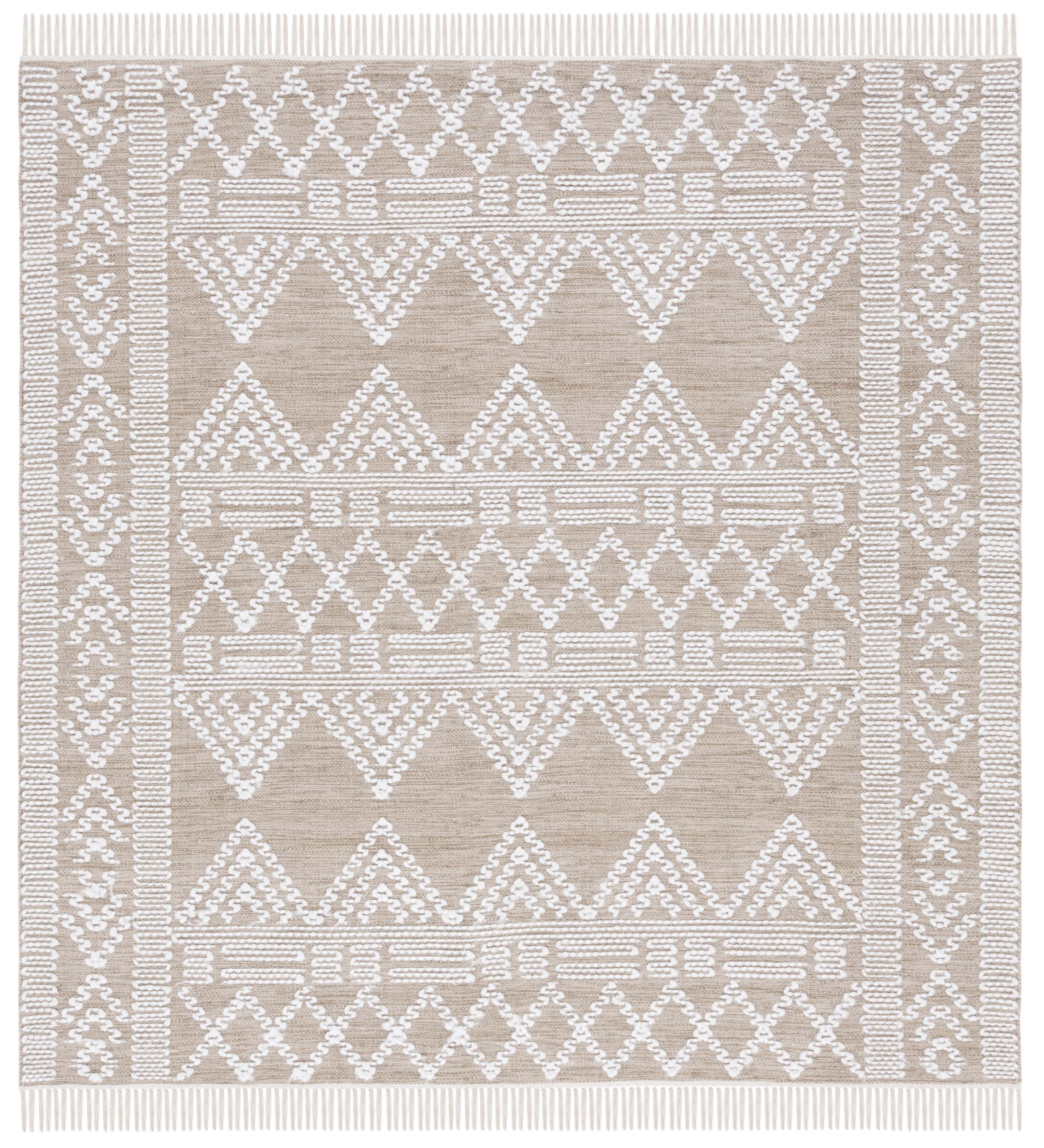 Ivory and Beige Square Flat Woven Wool Area Rug