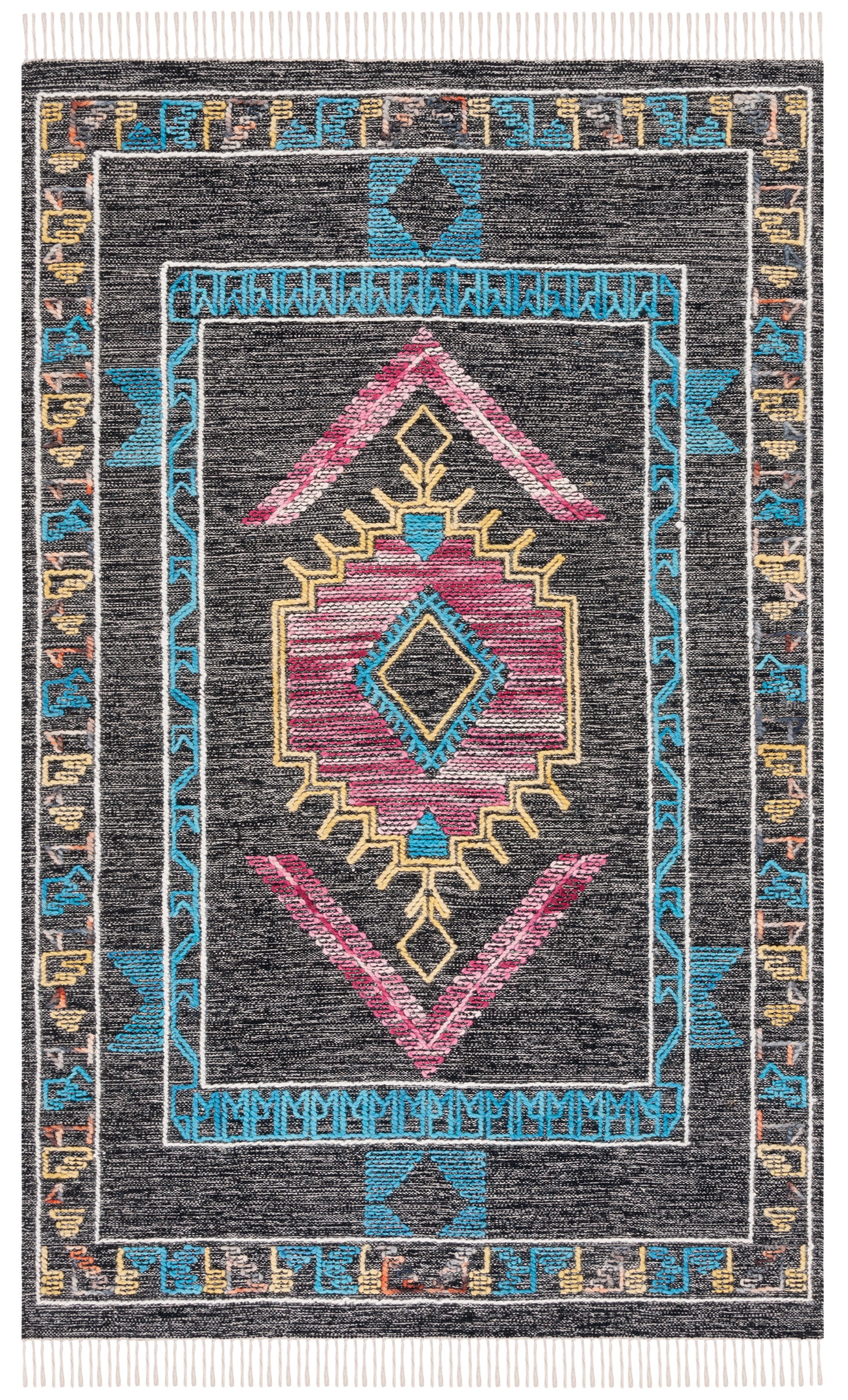 Bohemian Black and Pink Wool Flatweave 5' x 8' Area Rug