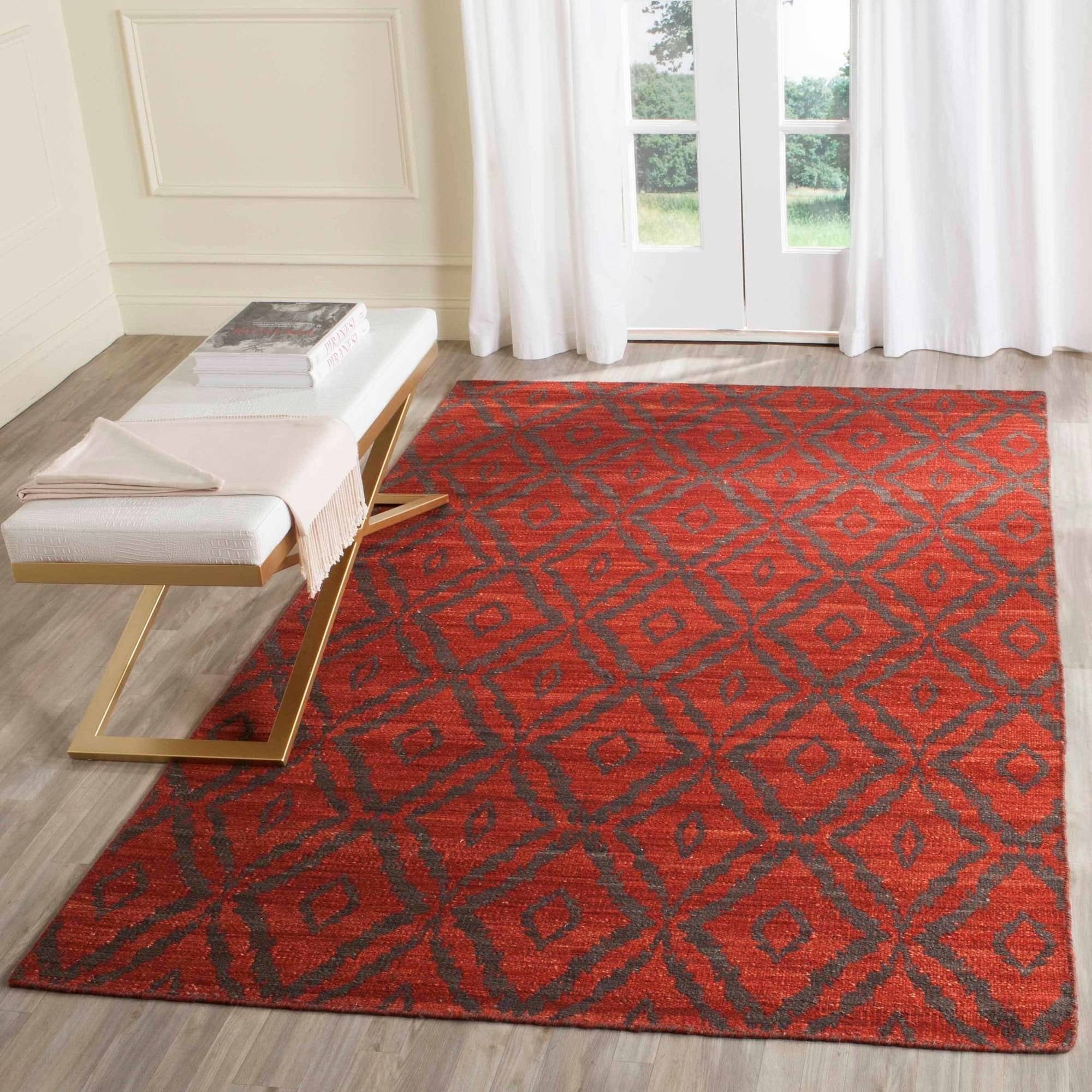 Hand-Woven Rust and Grey Wool Geometric Area Rug, 5' x 8'