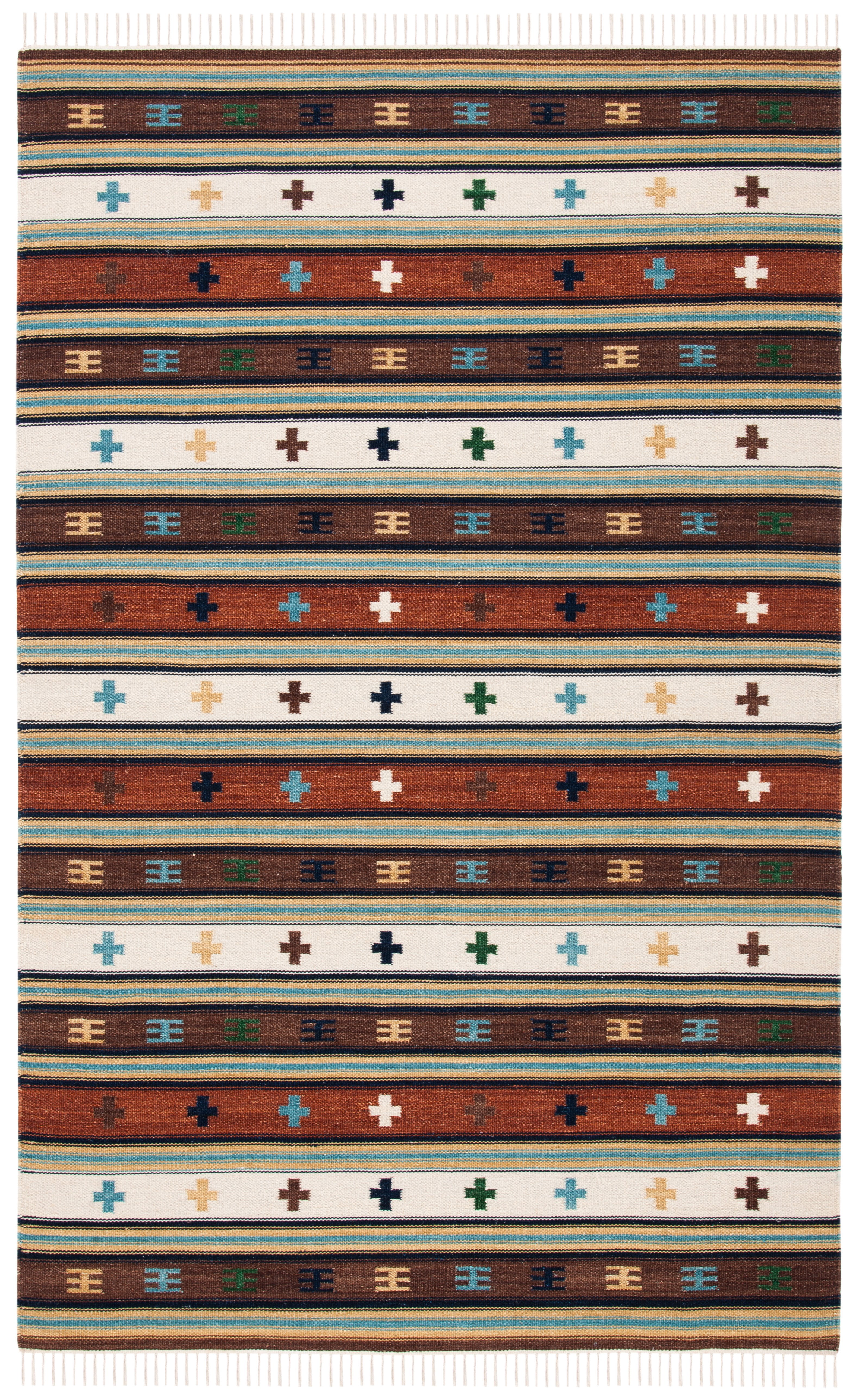 Ivory and Rust Wool Flat Woven Handmade Kilim Rug, 3' x 5'