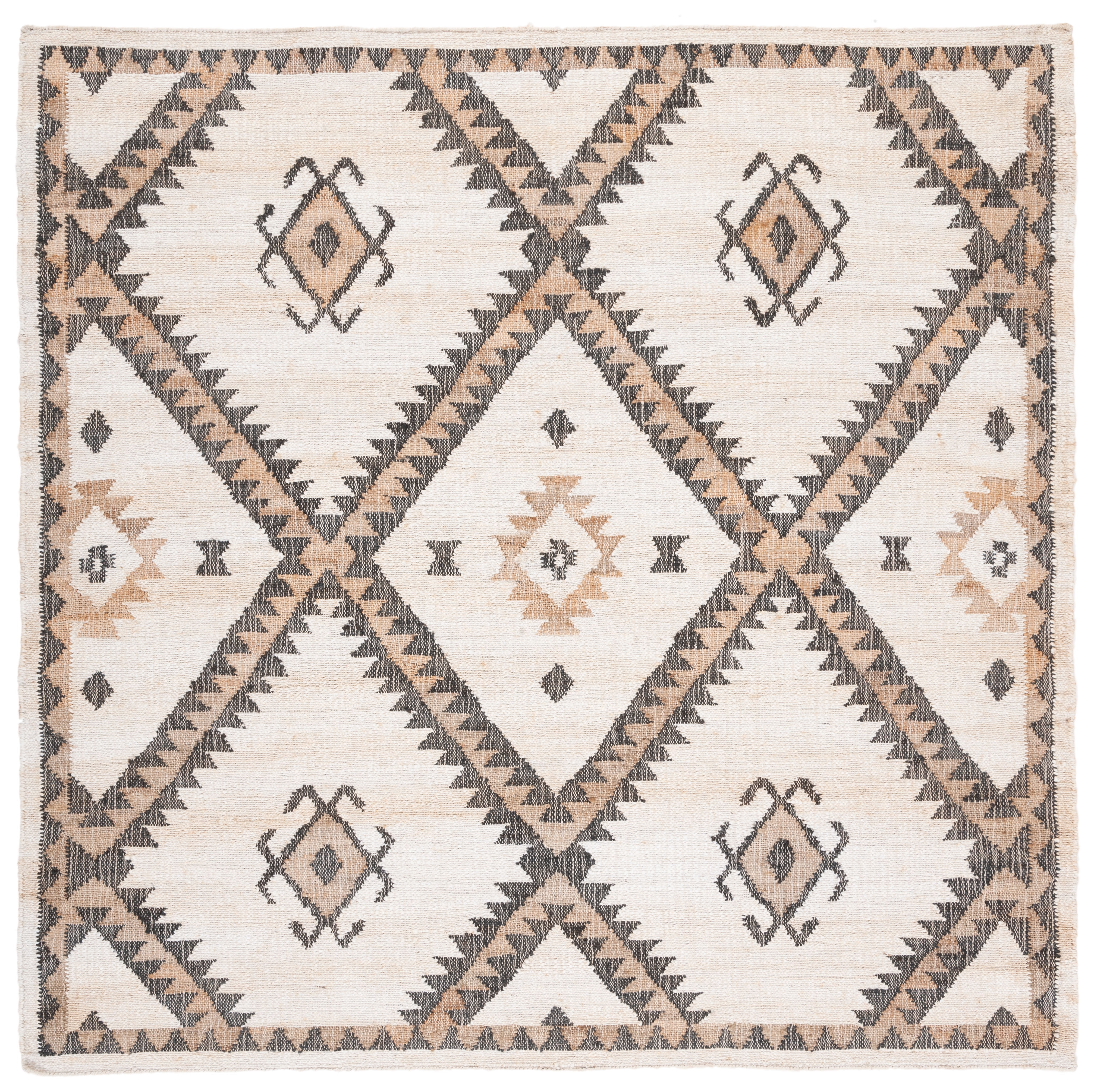 Ivory and Black Handmade Square Kilim Area Rug