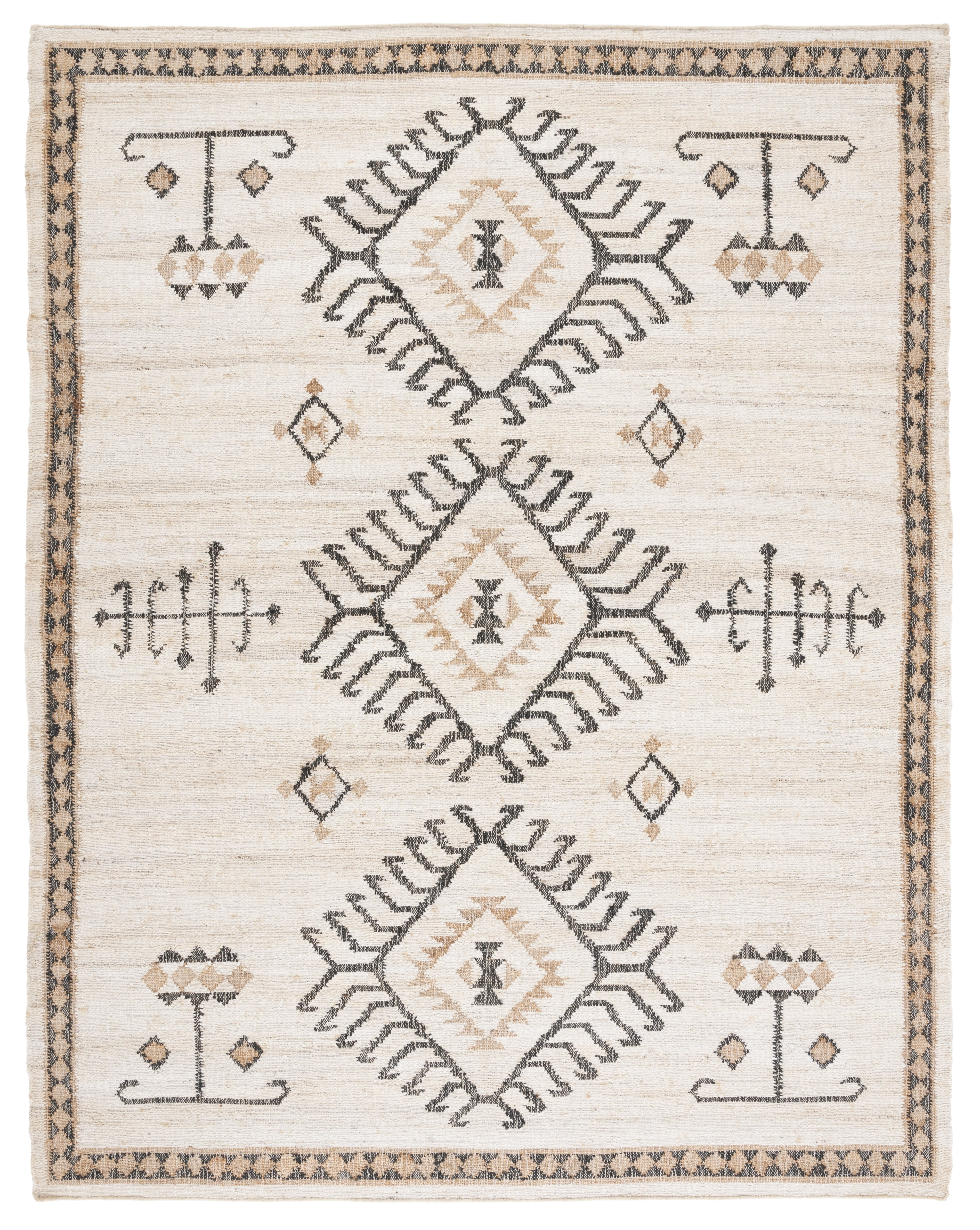 Ivory and Black Handmade Wool Tribal Area Rug, 9' x 12'