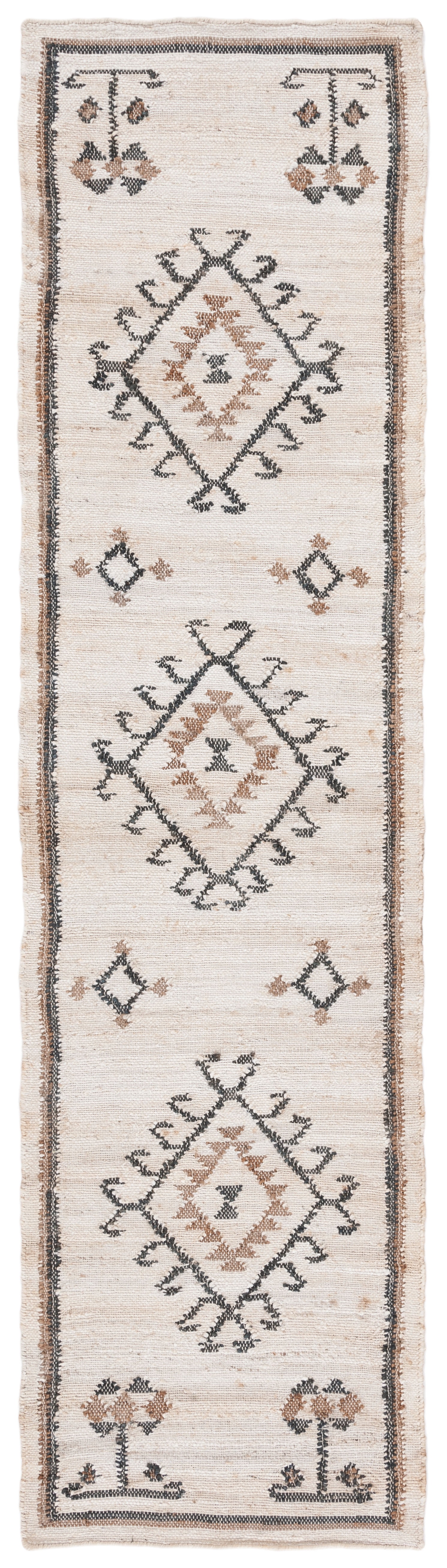 Ivory and Black Wool Tribal Runner Rug, 2'3" x 9'