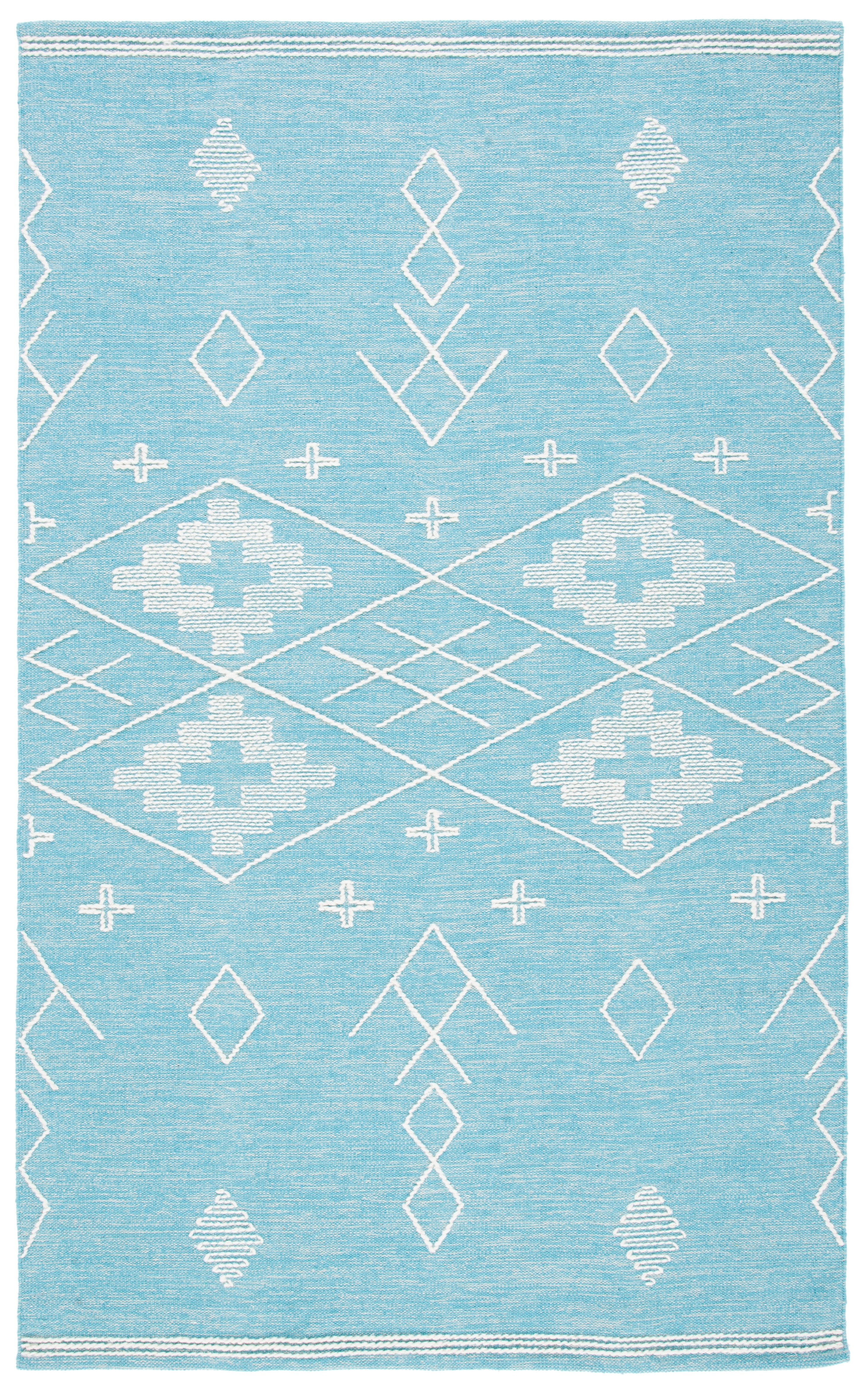 Teal and Ivory Wool Flatweave Tribal Area Rug, 5' x 8'