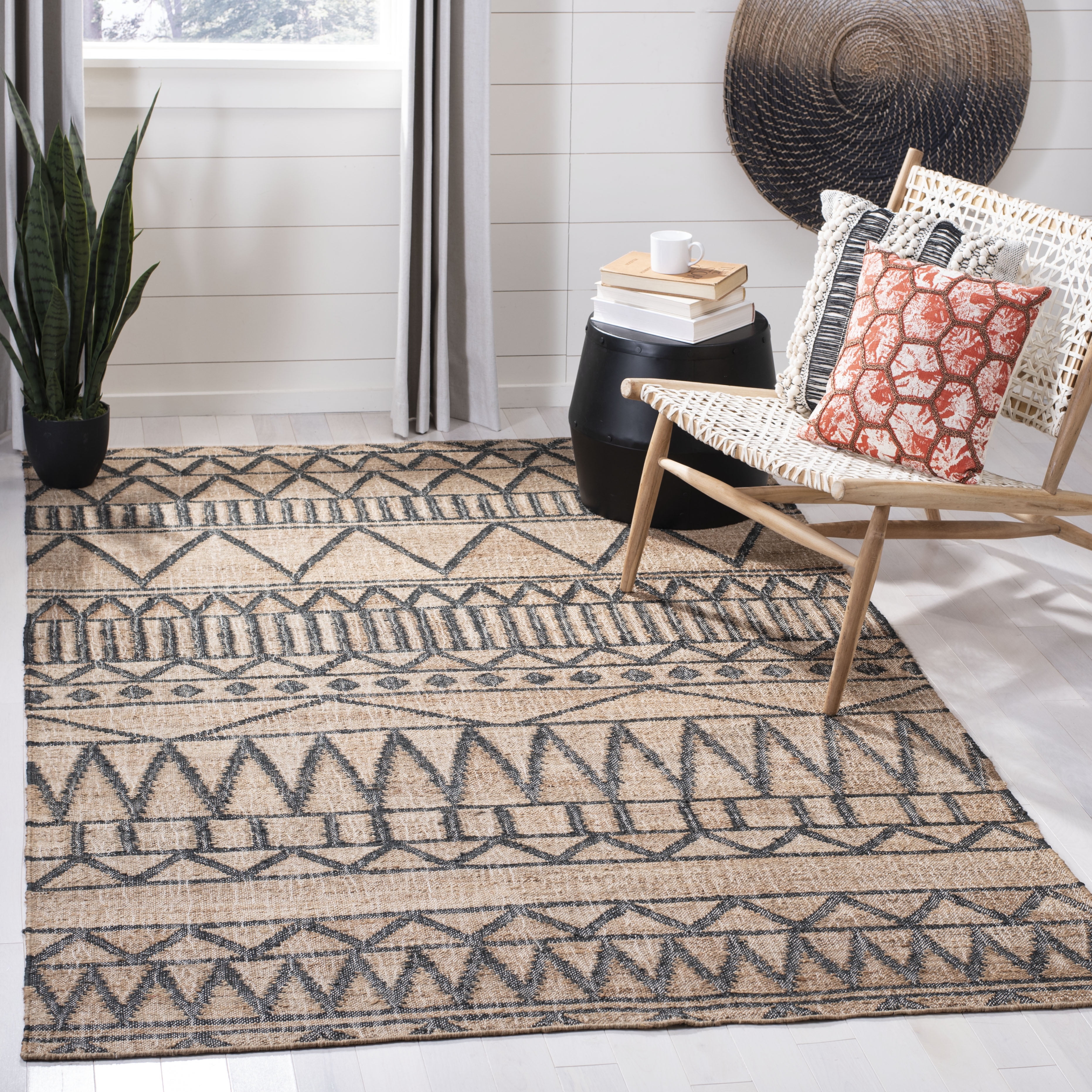 Natural and Charcoal Wool and Cotton Flat Woven Area Rug, 5' x 8'