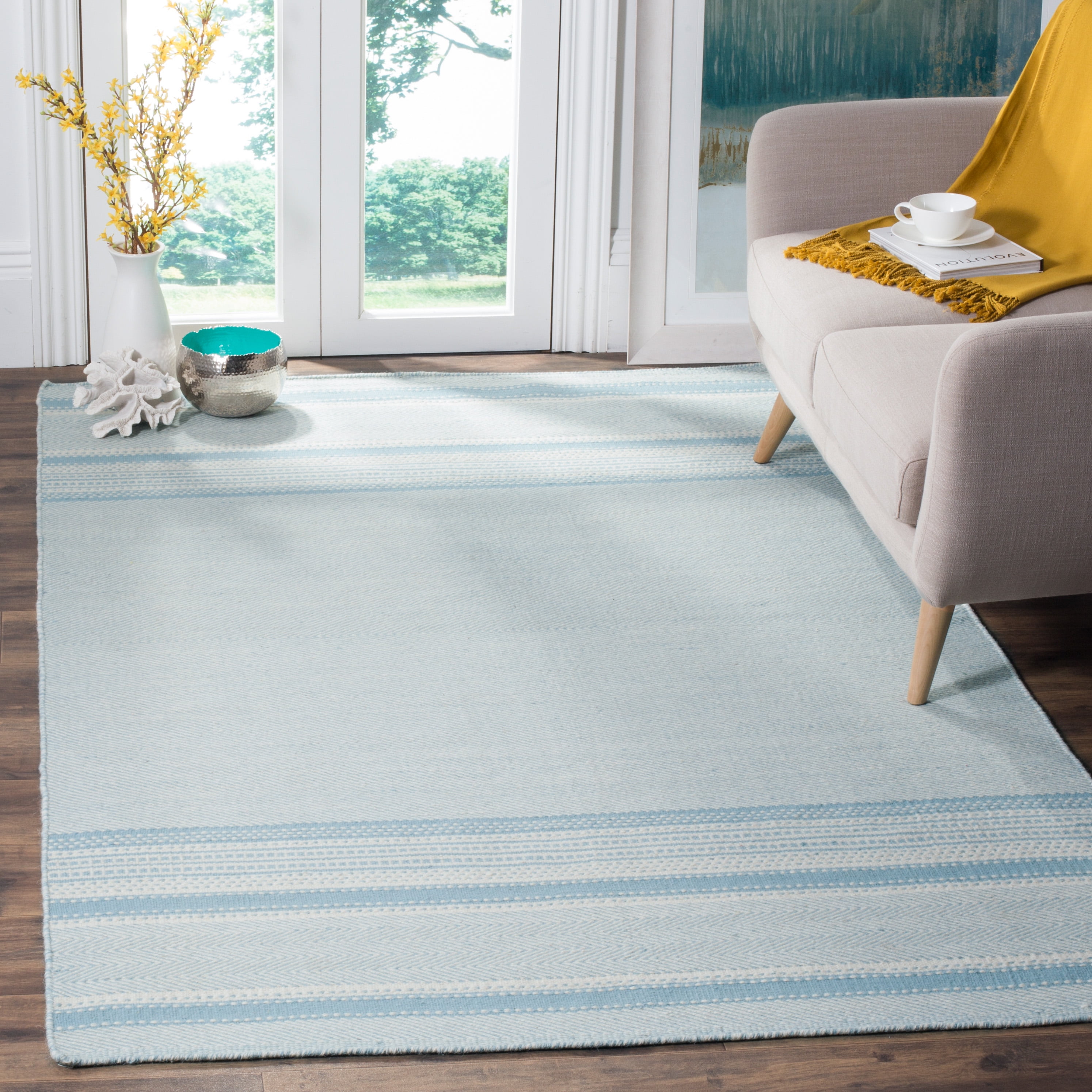 Light Blue and Ivory Striped Wool Flatweave Rug