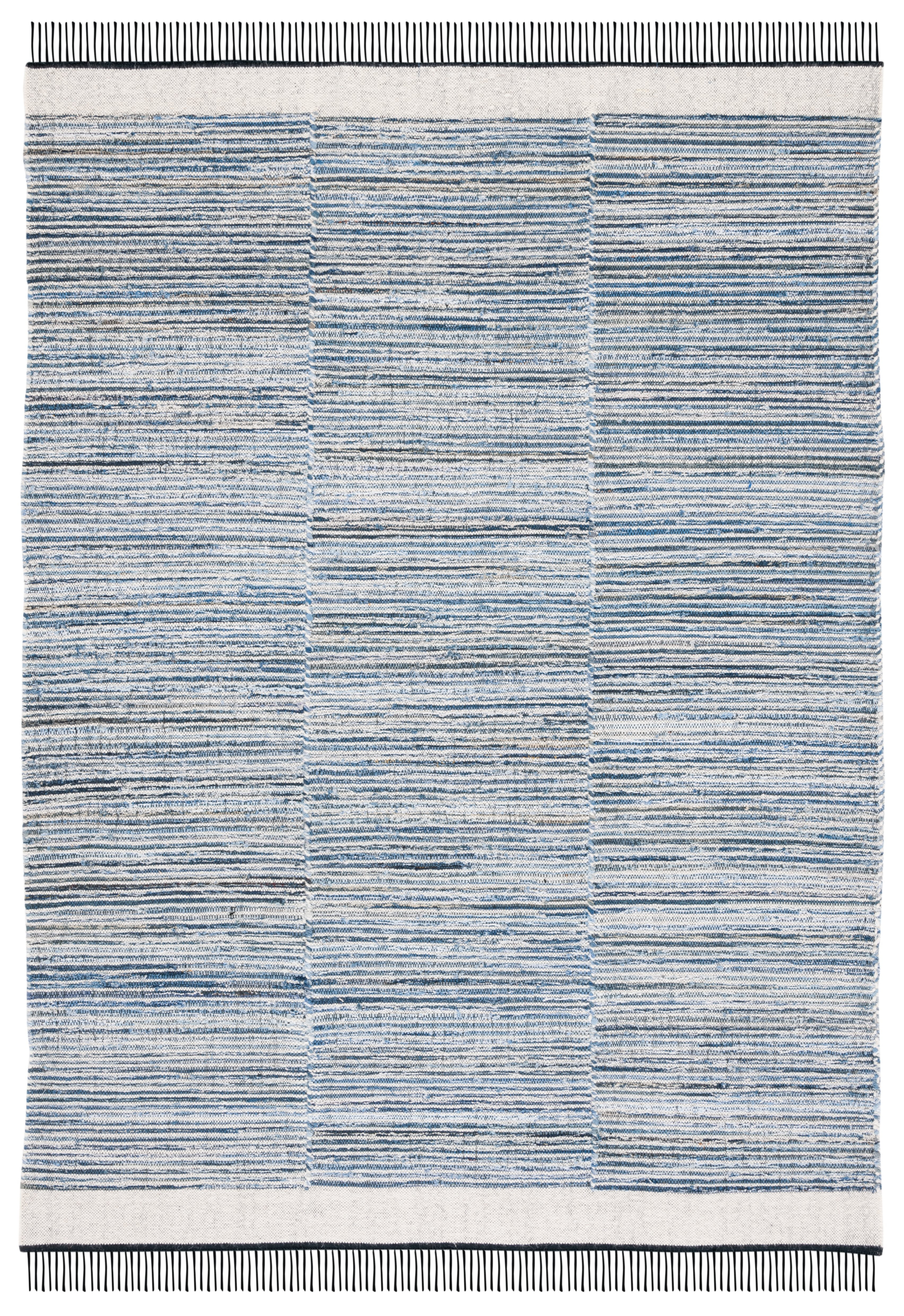Handmade Ivory and Blue Wool Cotton Flat Weave Rug, 5' x 8'