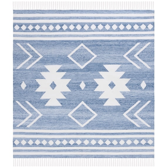 SAFAVIEH Kilim Trochez Geometric Area Rug, Blue/Ivory, 7' x 7' Square