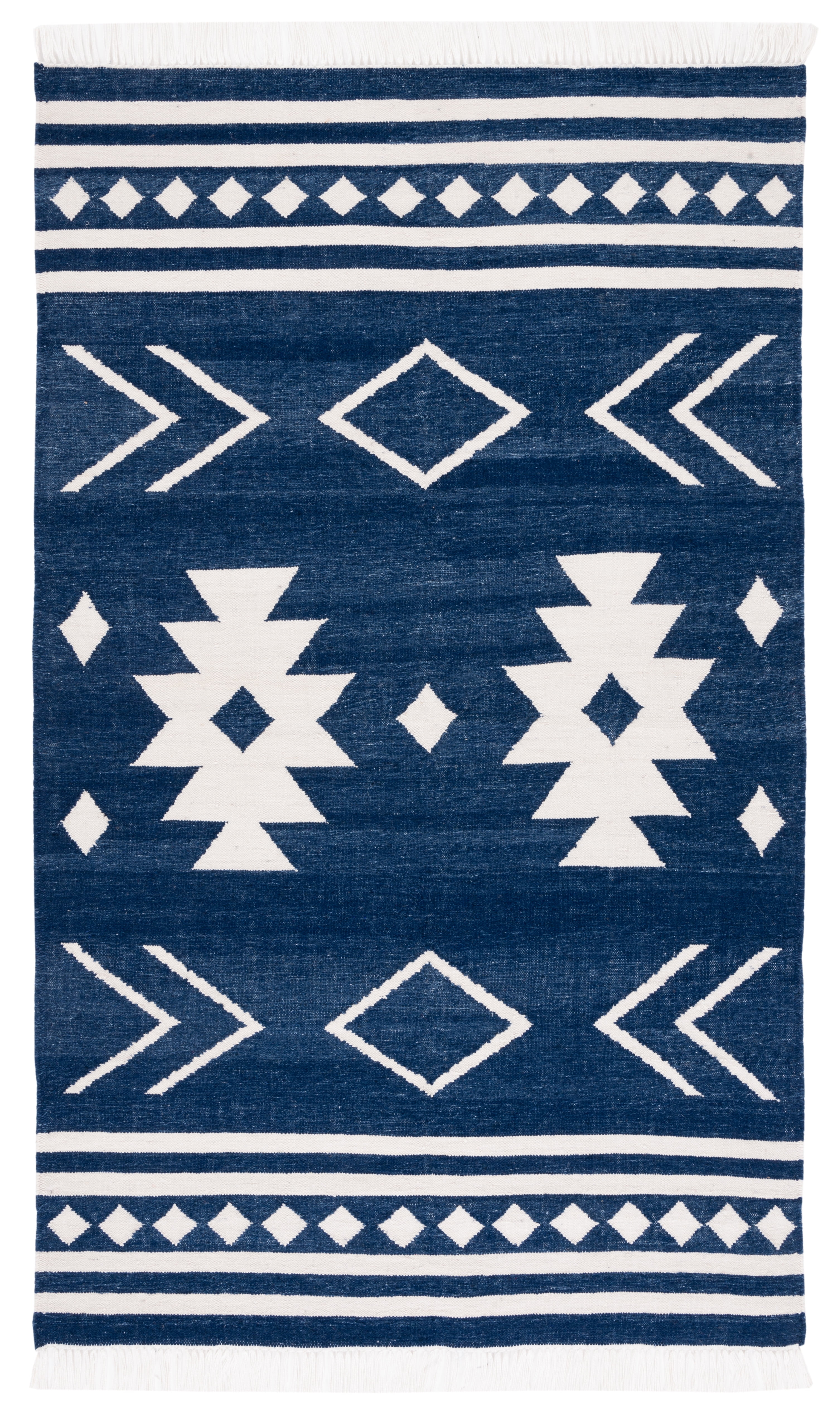 Ivory and Navy Geometric Handwoven Kilim Area Rug