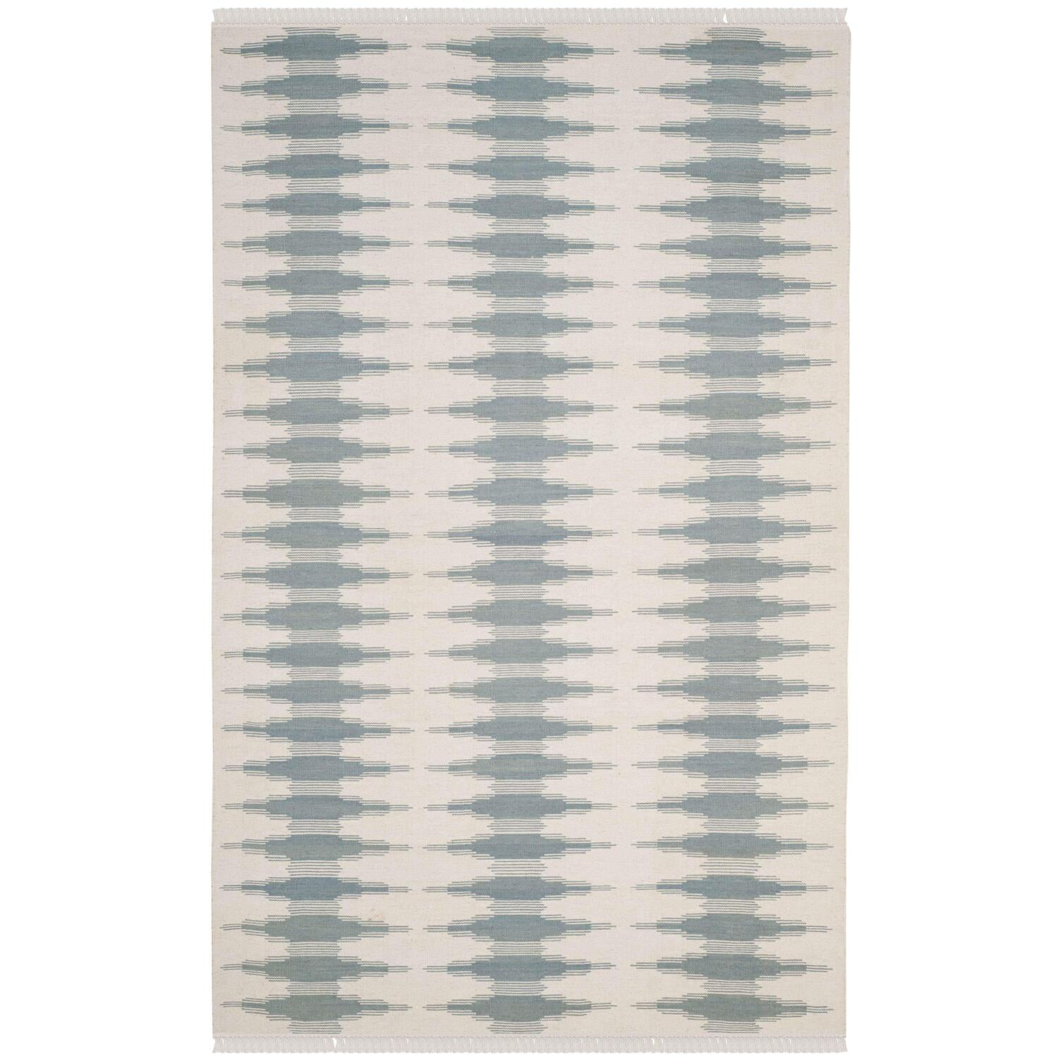Ivory and Blue Geometric Wool 5' x 8' Area Rug
