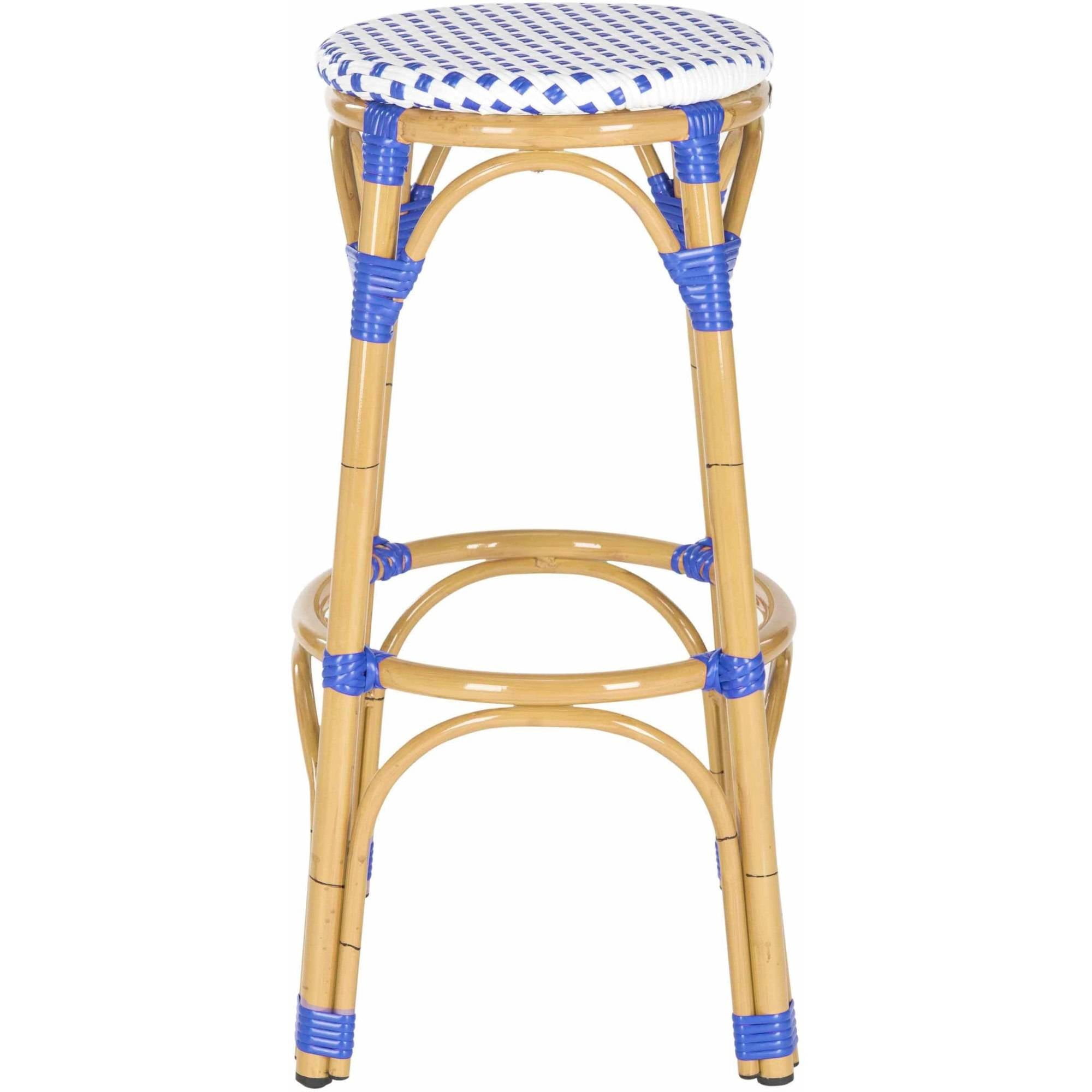SAFAVIEH Kipnuk Outdoor Patio Rattan Bar Stool, Blue/White