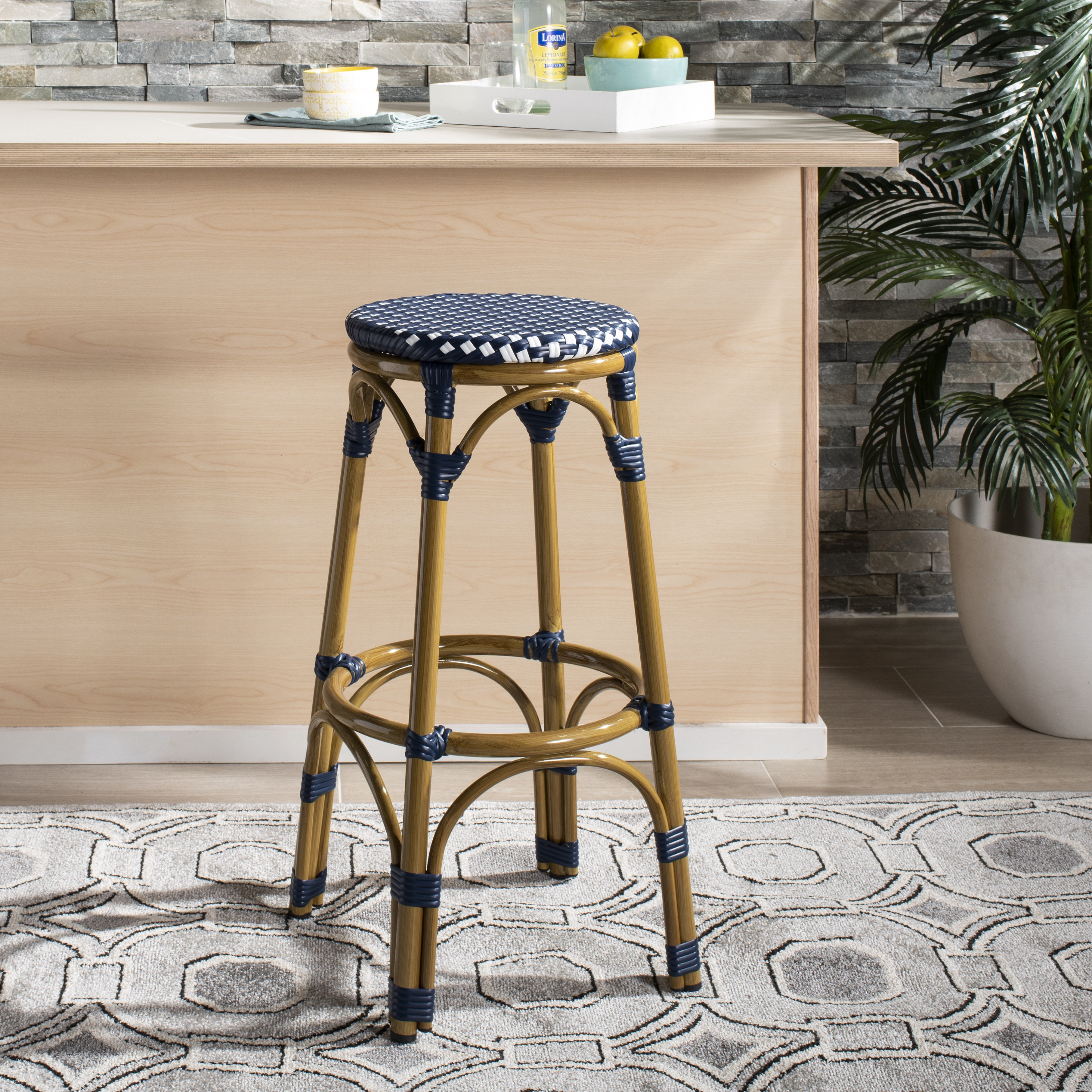 Navy and White Rattan Armless Outdoor Bar Stool