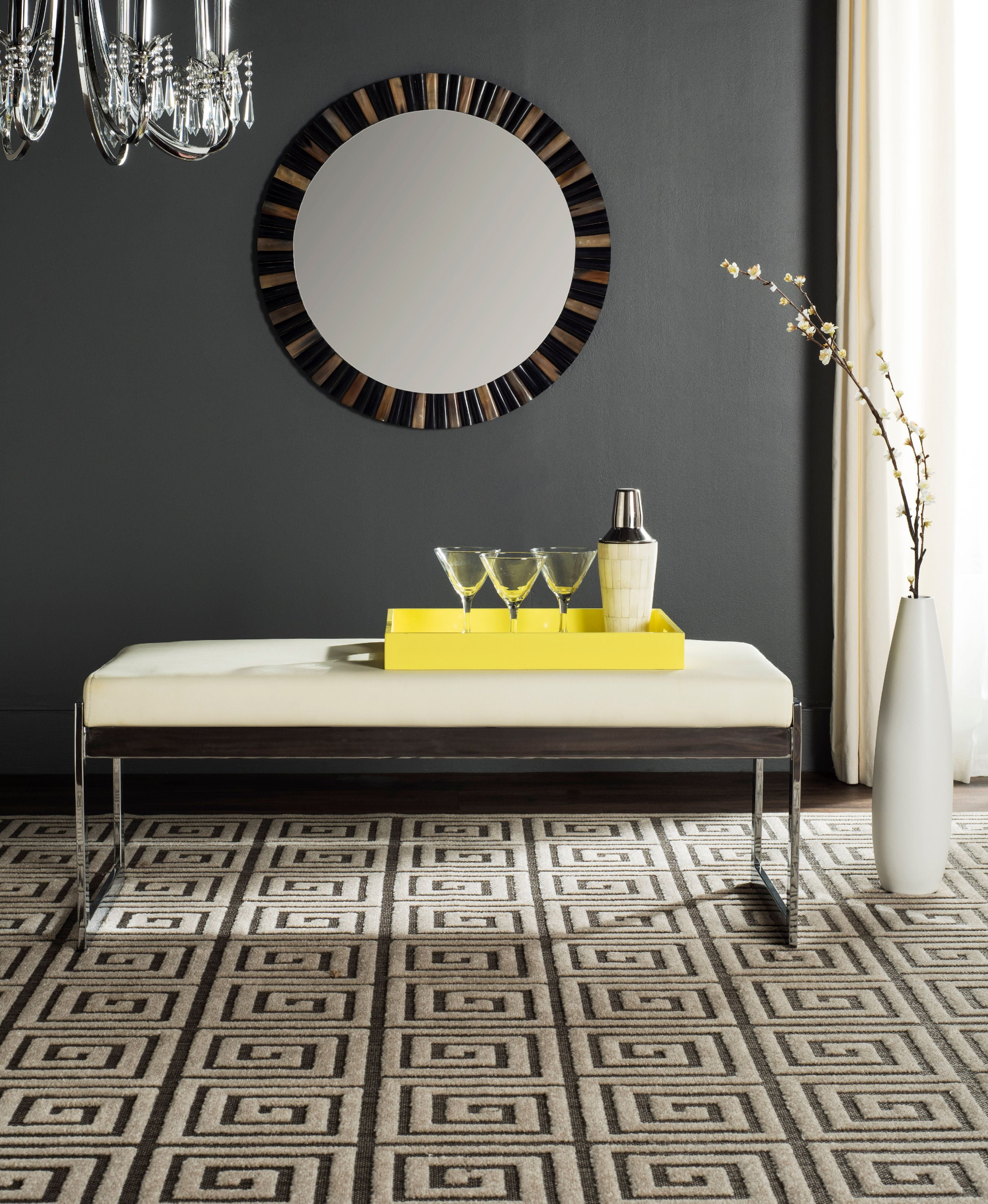 Cream and Chrome Modern Upholstered Bench with Storage