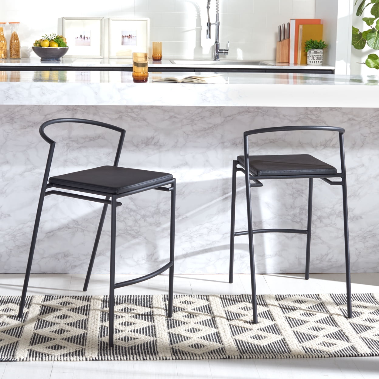 Bauhaus Inspired Black Vegan Leather & Metal Counter Stool Pair