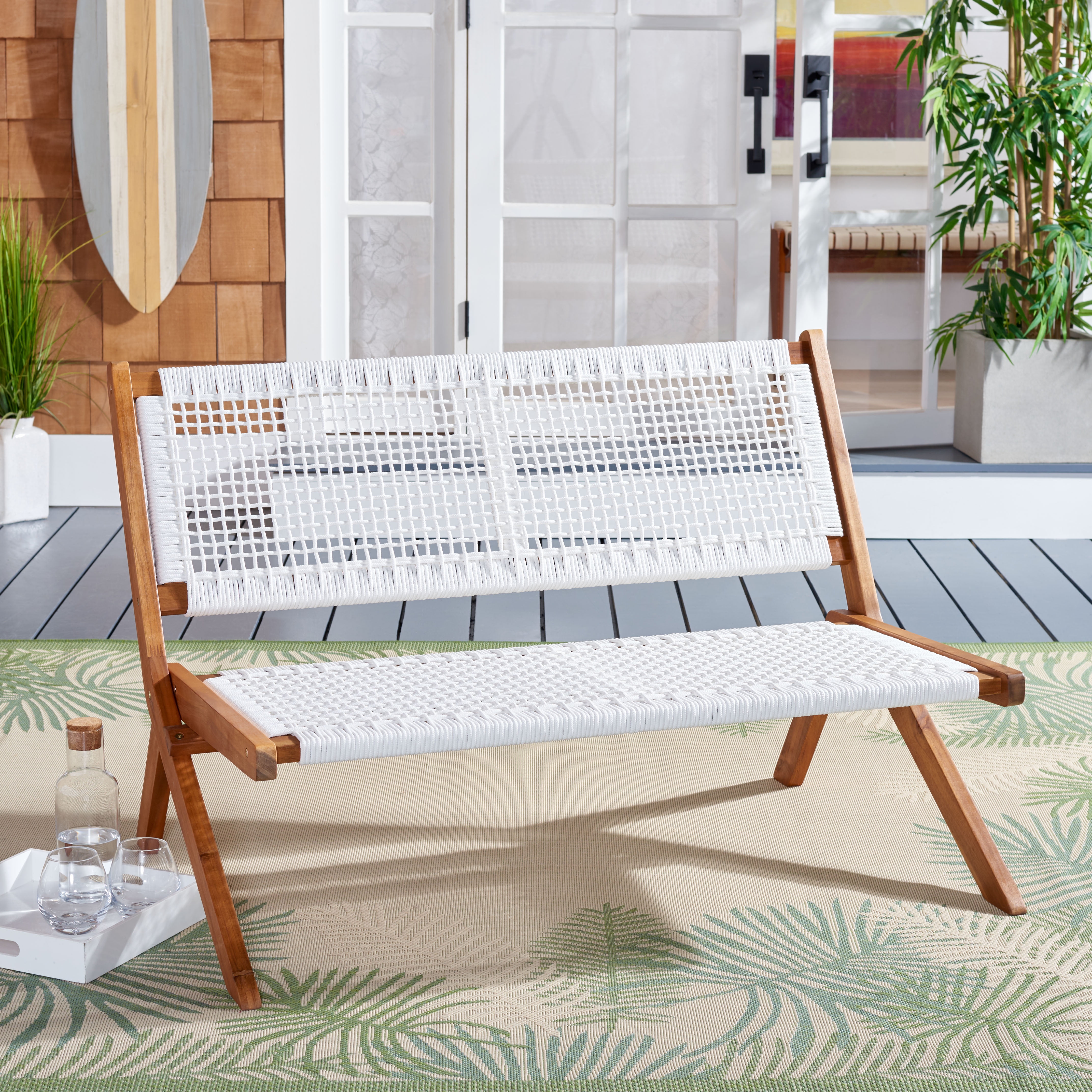 Natural Wood and White Rope Folding Outdoor Bench