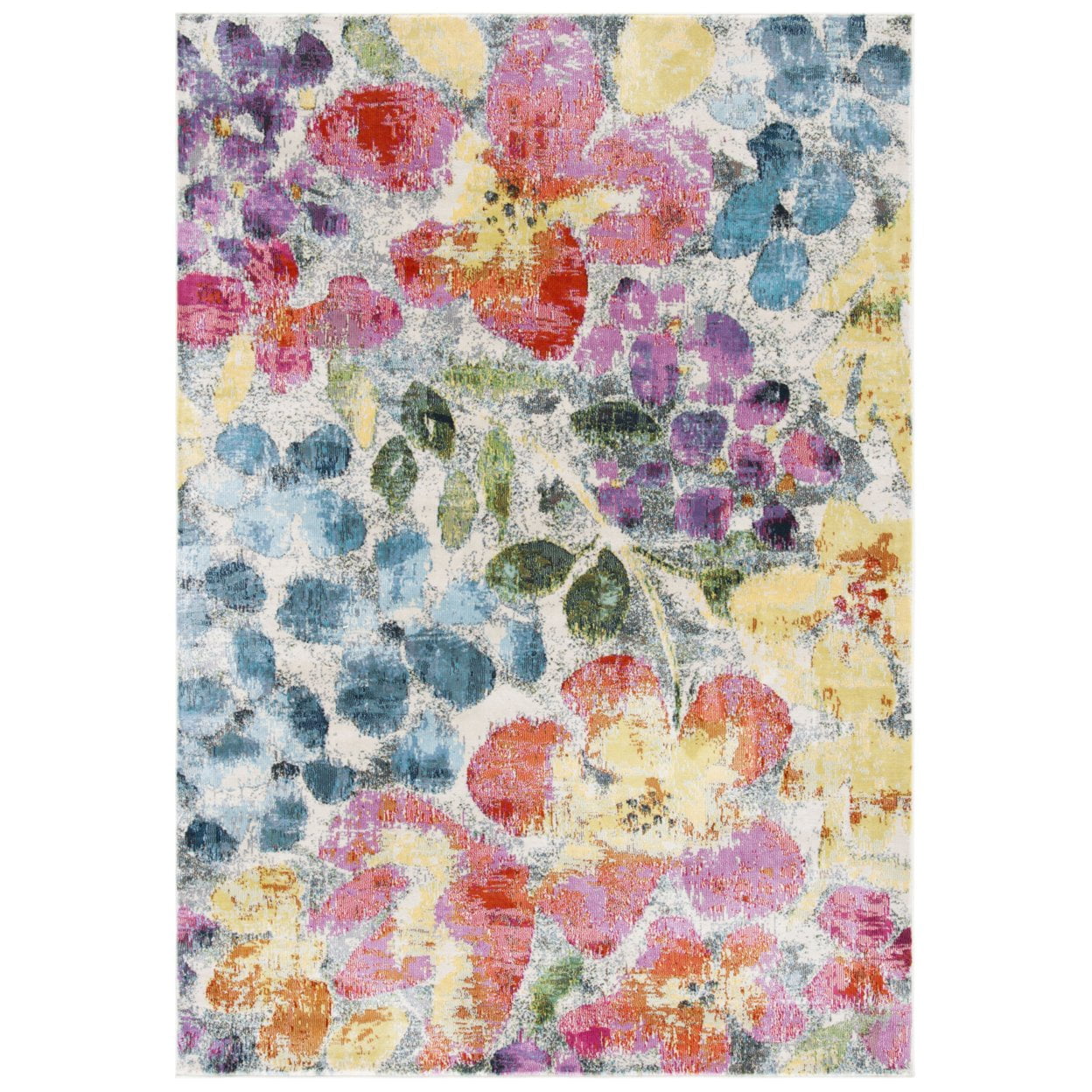 Blue and Yellow Floral Synthetic Stain-Resistant Rug, 3' x 5'