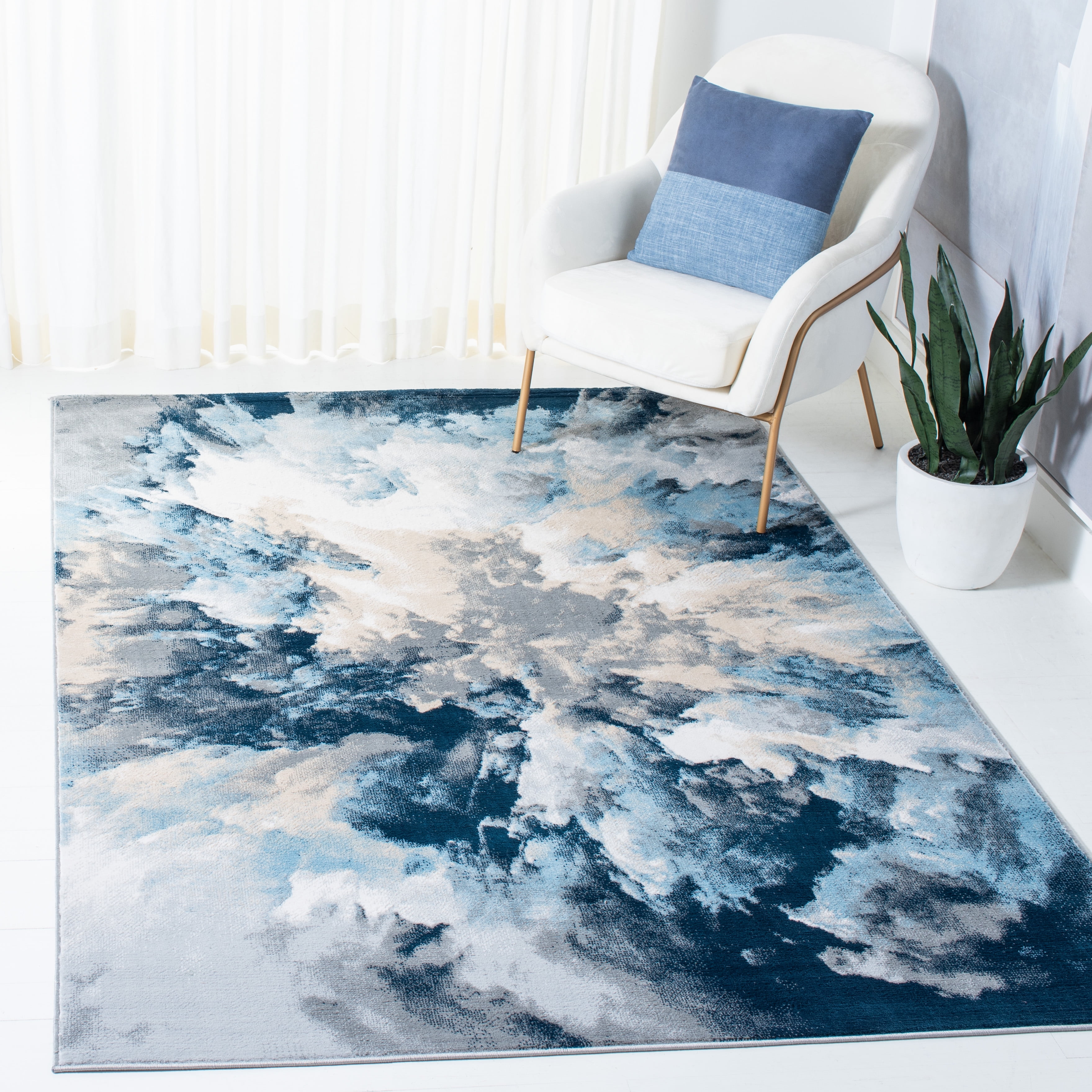 Lagoon Blue and Beige Abstract 9' x 12' Synthetic Rug