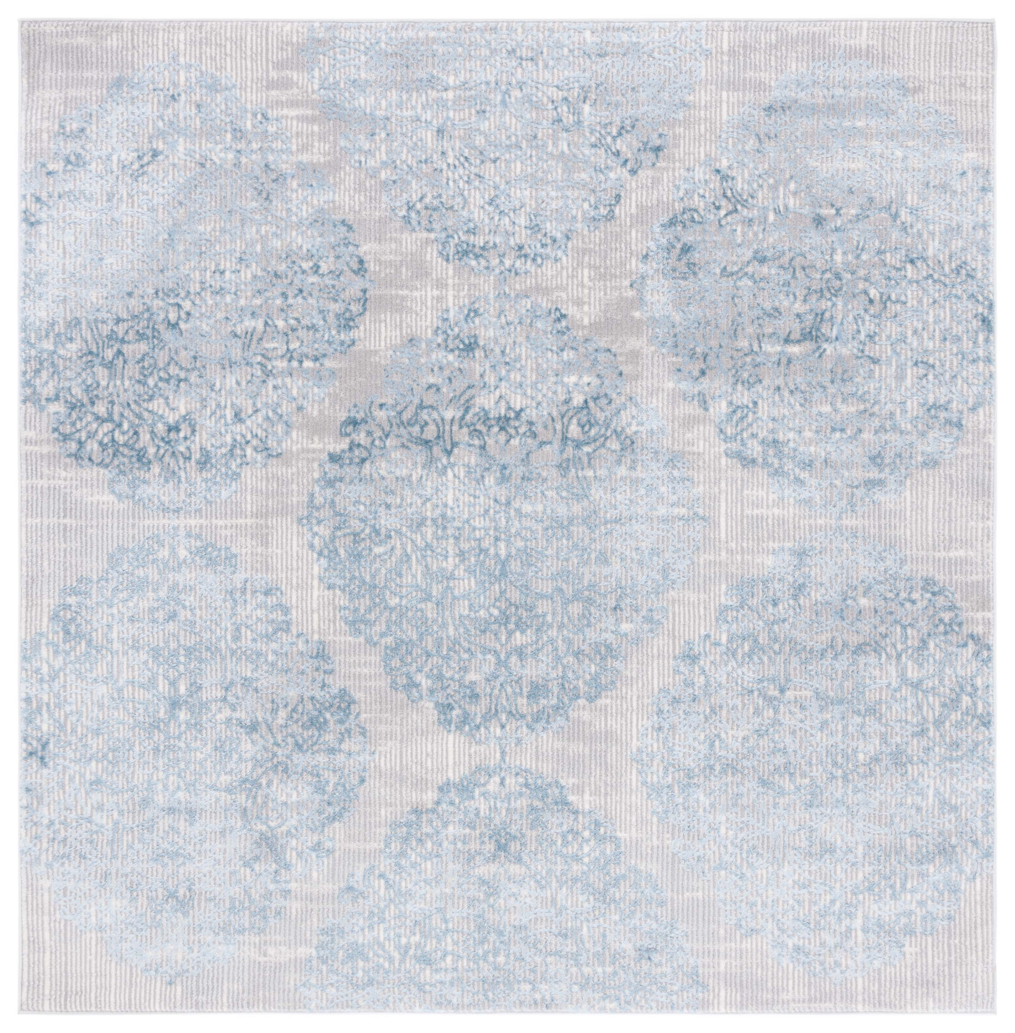 Gray and Blue Square Hand-knotted Synthetic Rug