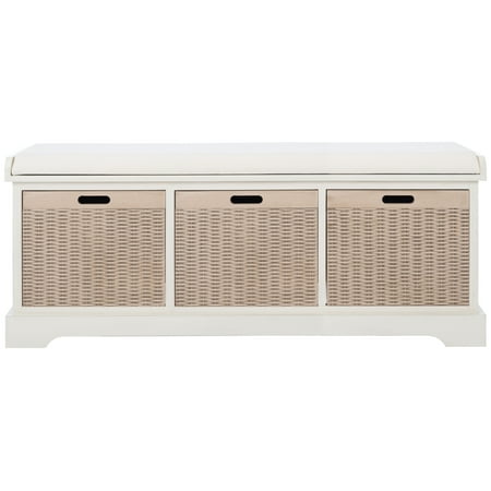 SAFAVIEH Landers 3 Drawer Storage Bench with Cushion, Distressed White
