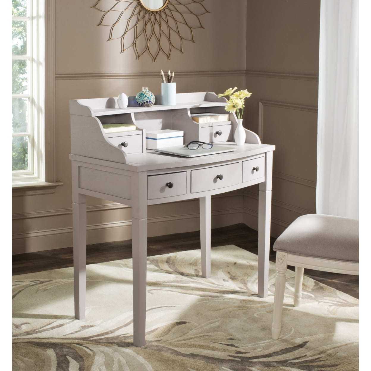 Quartz Grey Transitional 5-Drawer Writing Desk with Hutch
